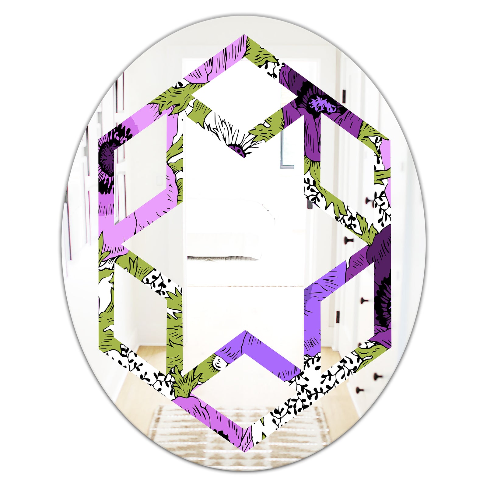 Purple Retro Fantasy Flowers - Cottage Round or Oval Wall Mirror - Hexagon Star