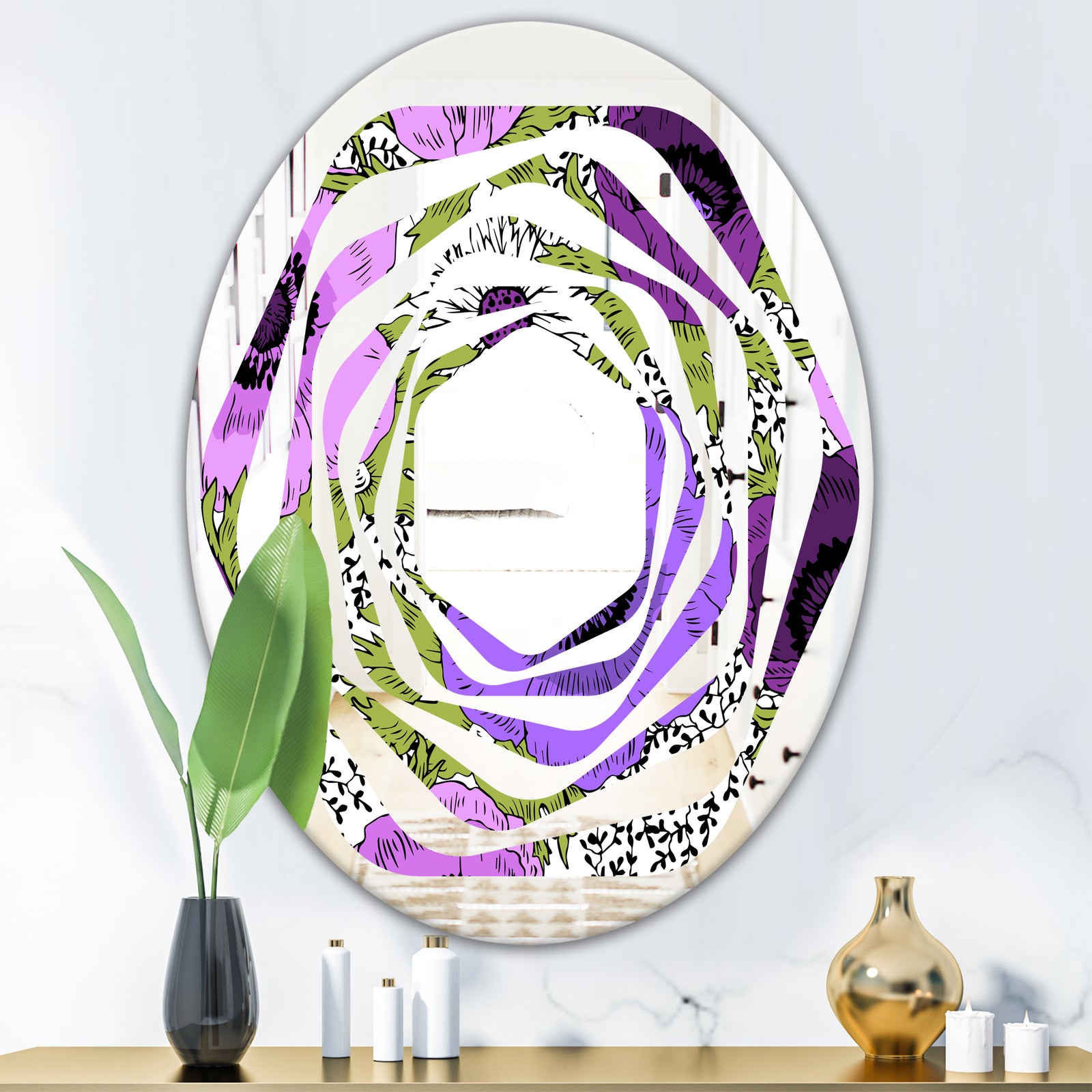 Purple Retro Fantasy Flowers - Cottage Round or Oval Wall Mirror - Whirl