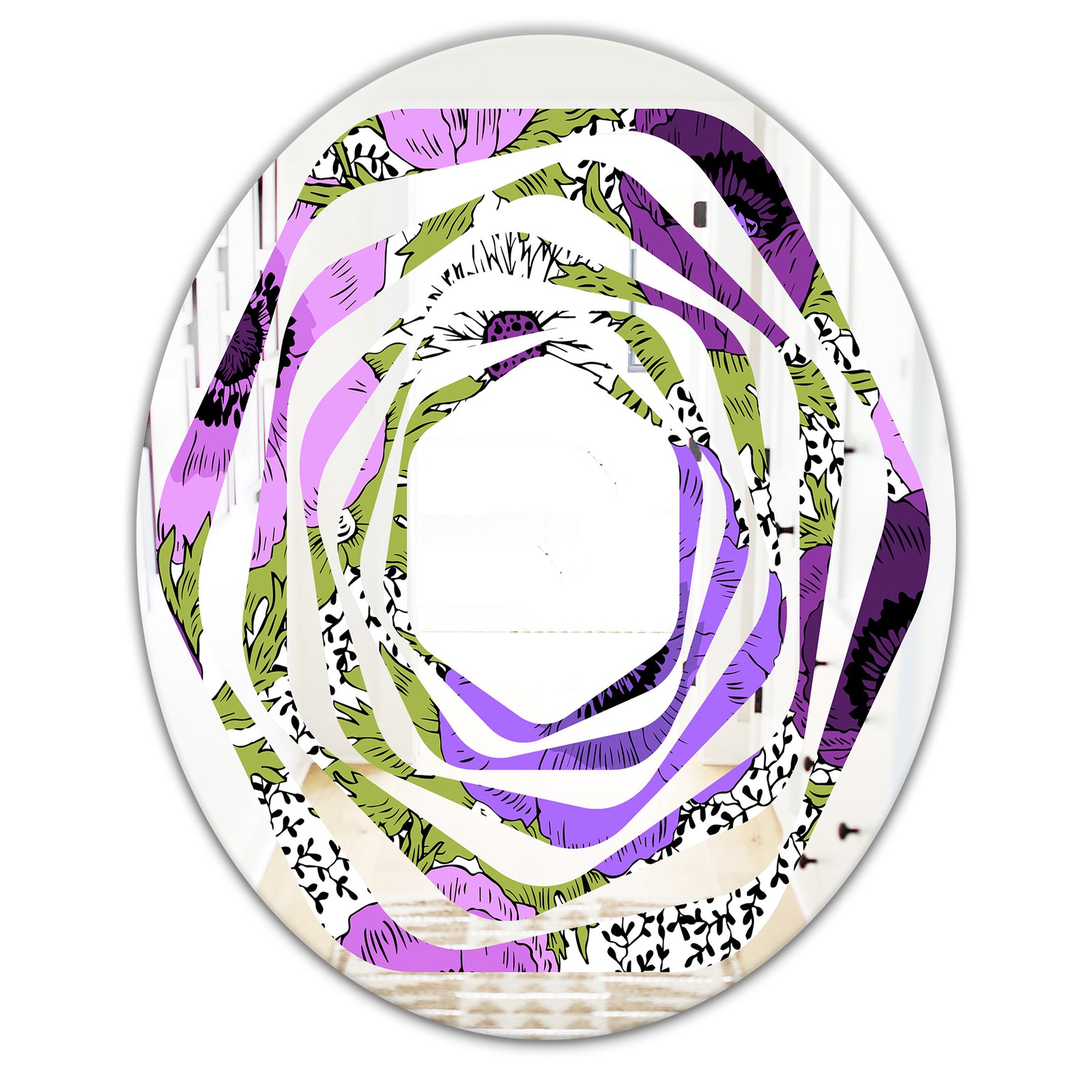 Purple Retro Fantasy Flowers - Cottage Round or Oval Wall Mirror - Whirl