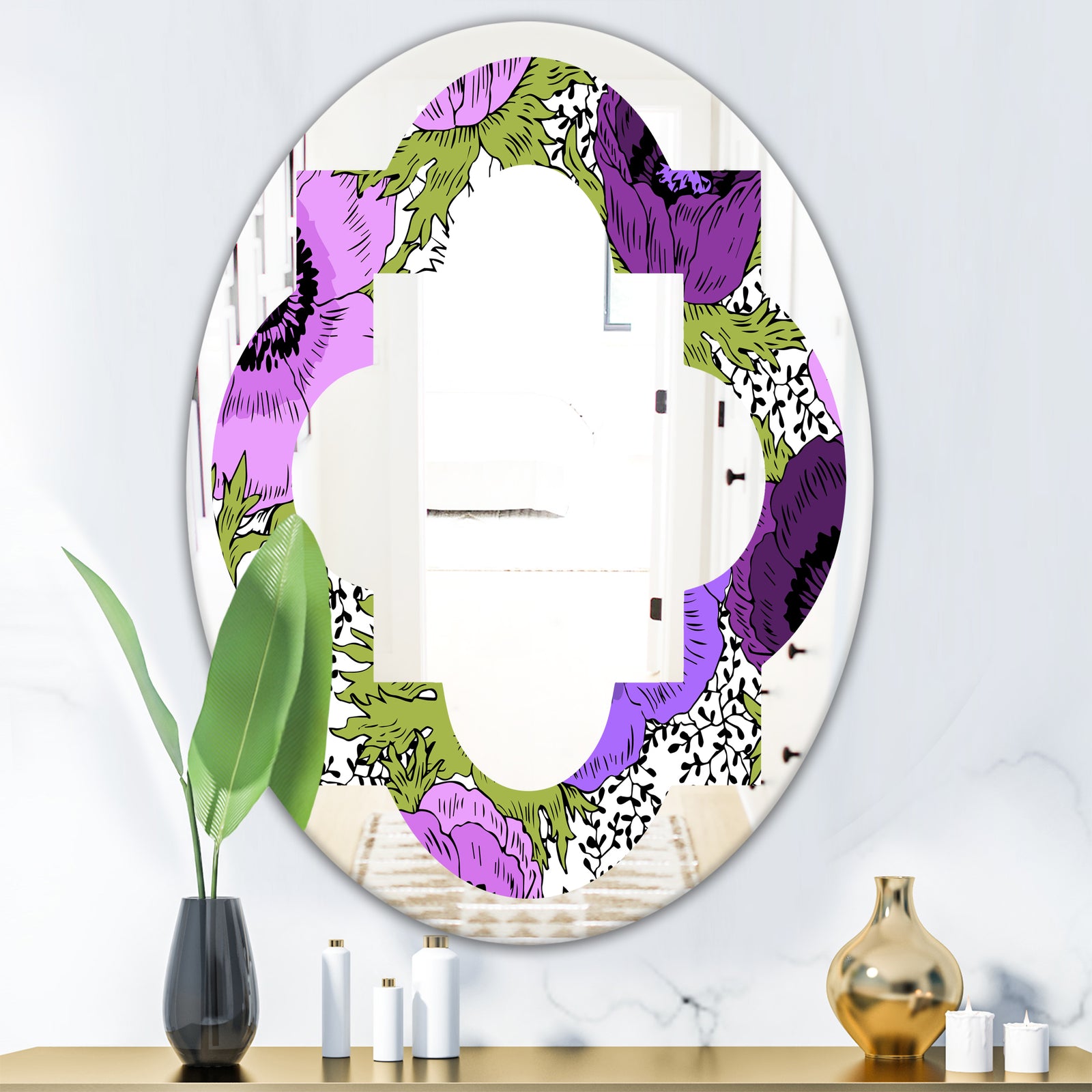 Purple Retro Fantasy Flowers - Cottage Round or Oval Wall Mirror - Quatrefoil