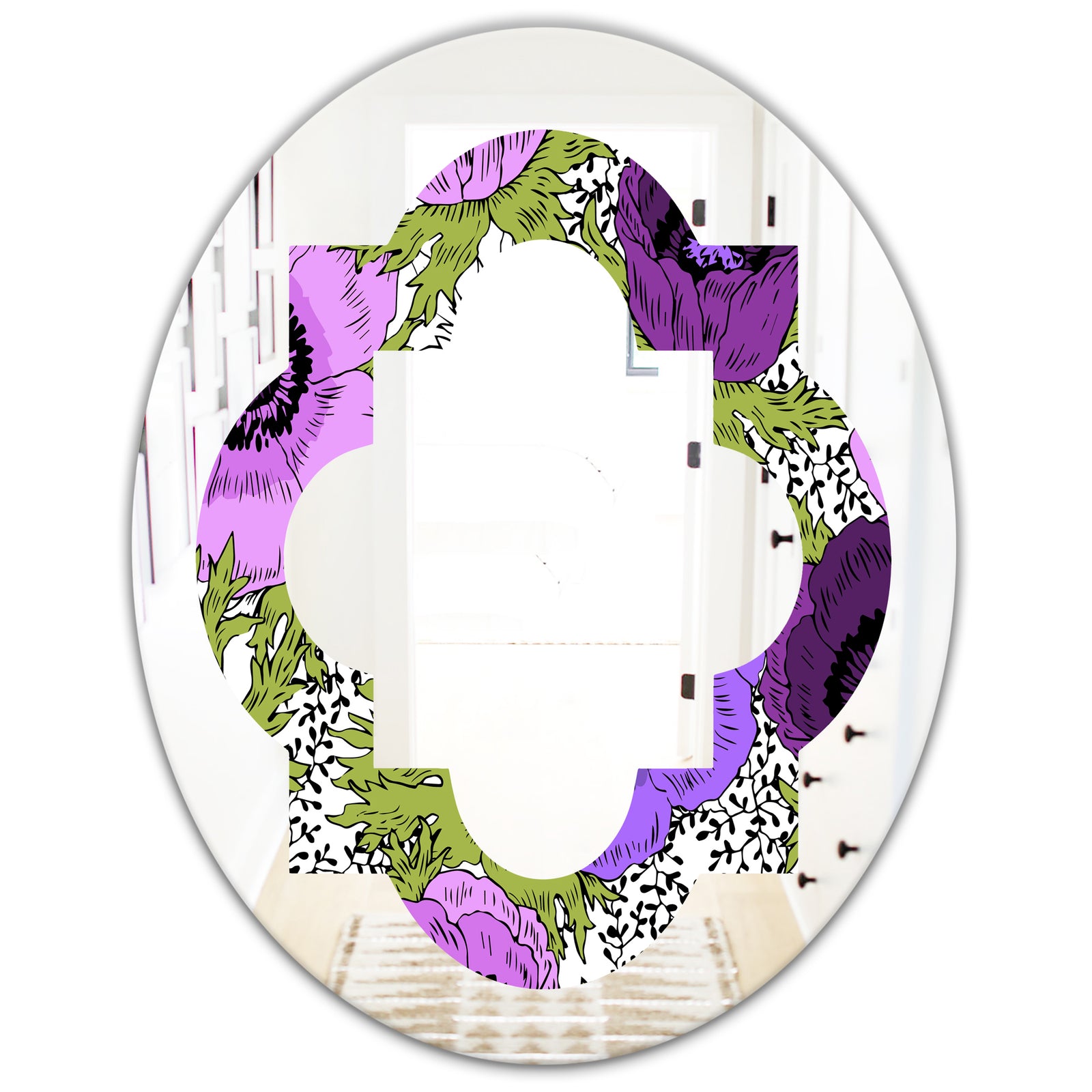 Purple Retro Fantasy Flowers - Cottage Round or Oval Wall Mirror - Quatrefoil