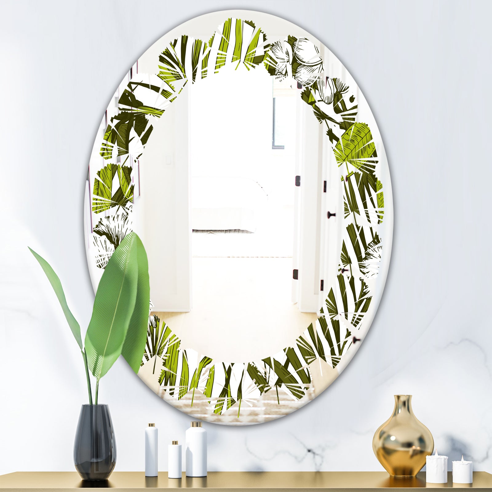 Tropical Palm Leaves I - Modern Round or Oval Wall Mirror - Leaves