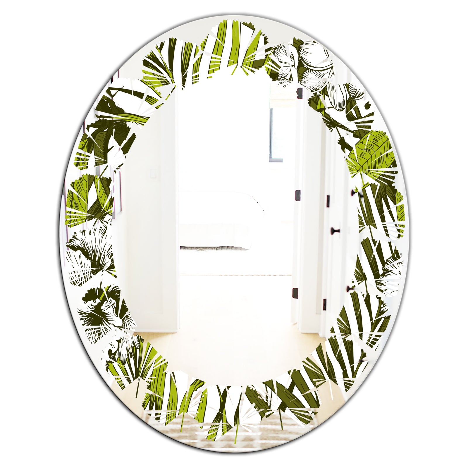Tropical Palm Leaves I - Modern Round or Oval Wall Mirror - Leaves