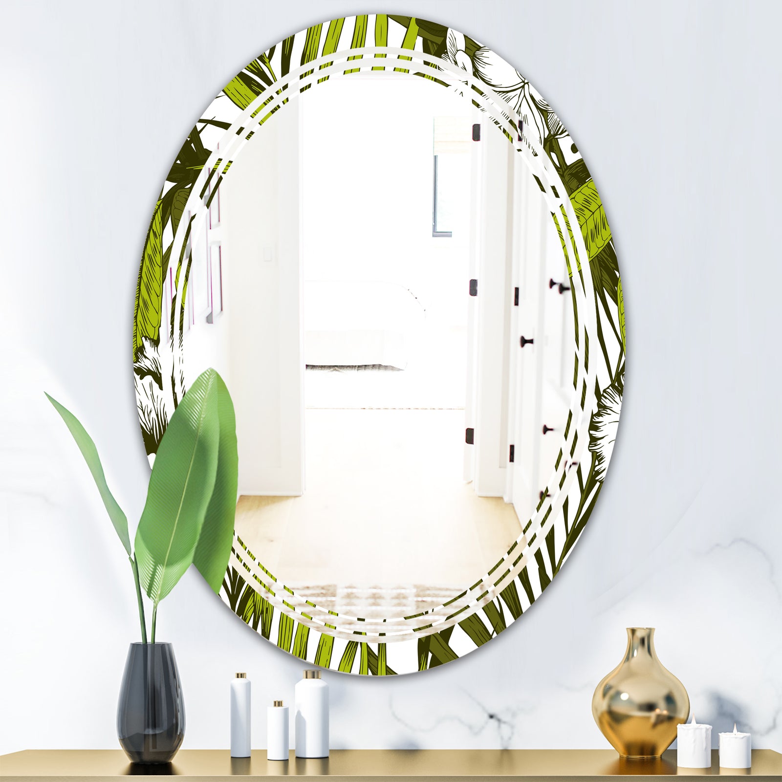Tropical Palm Leaves I - Modern Round or Oval Wall Mirror - Triple C