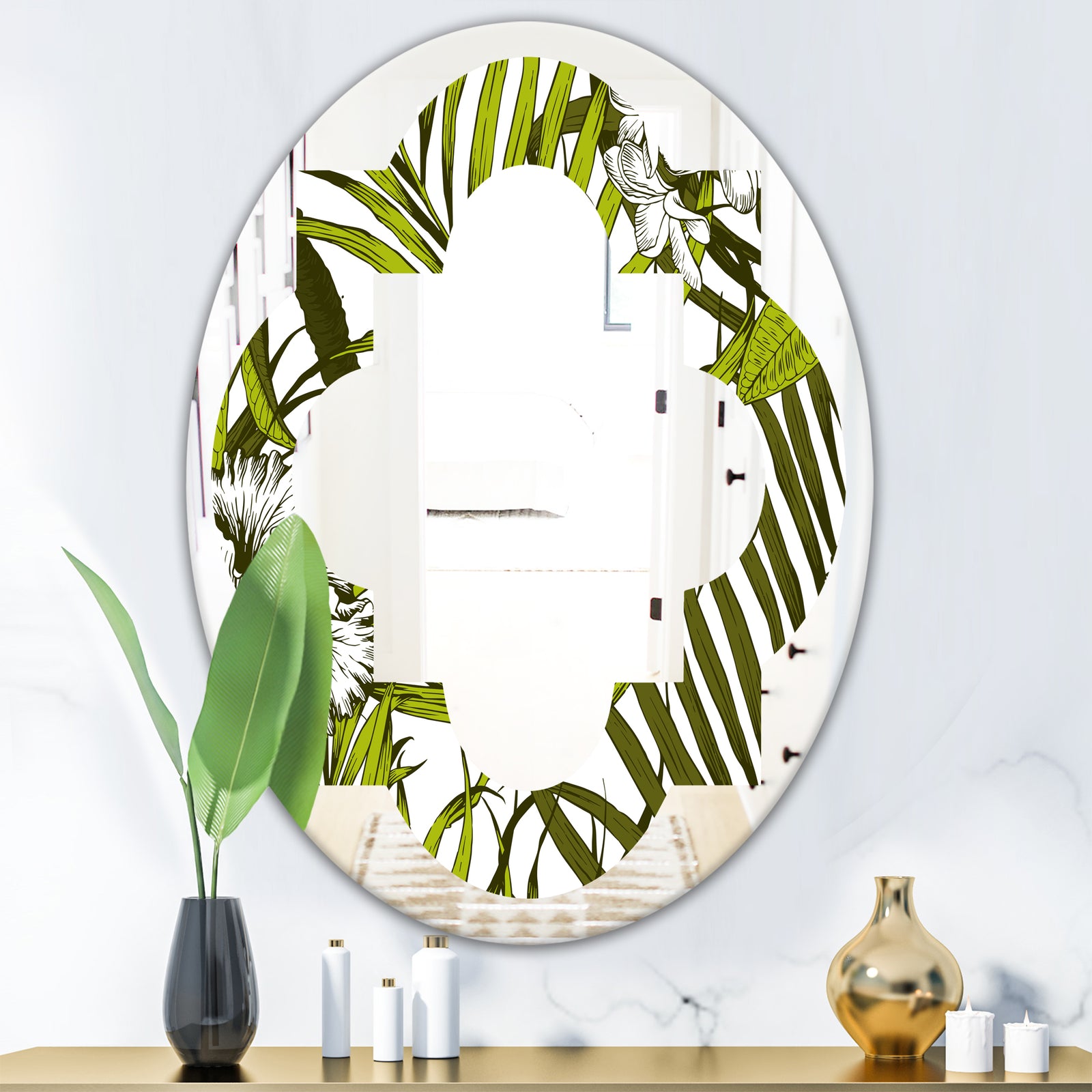Tropical Palm Leaves I - Modern Round or Oval Wall Mirror - Quatrefoil
