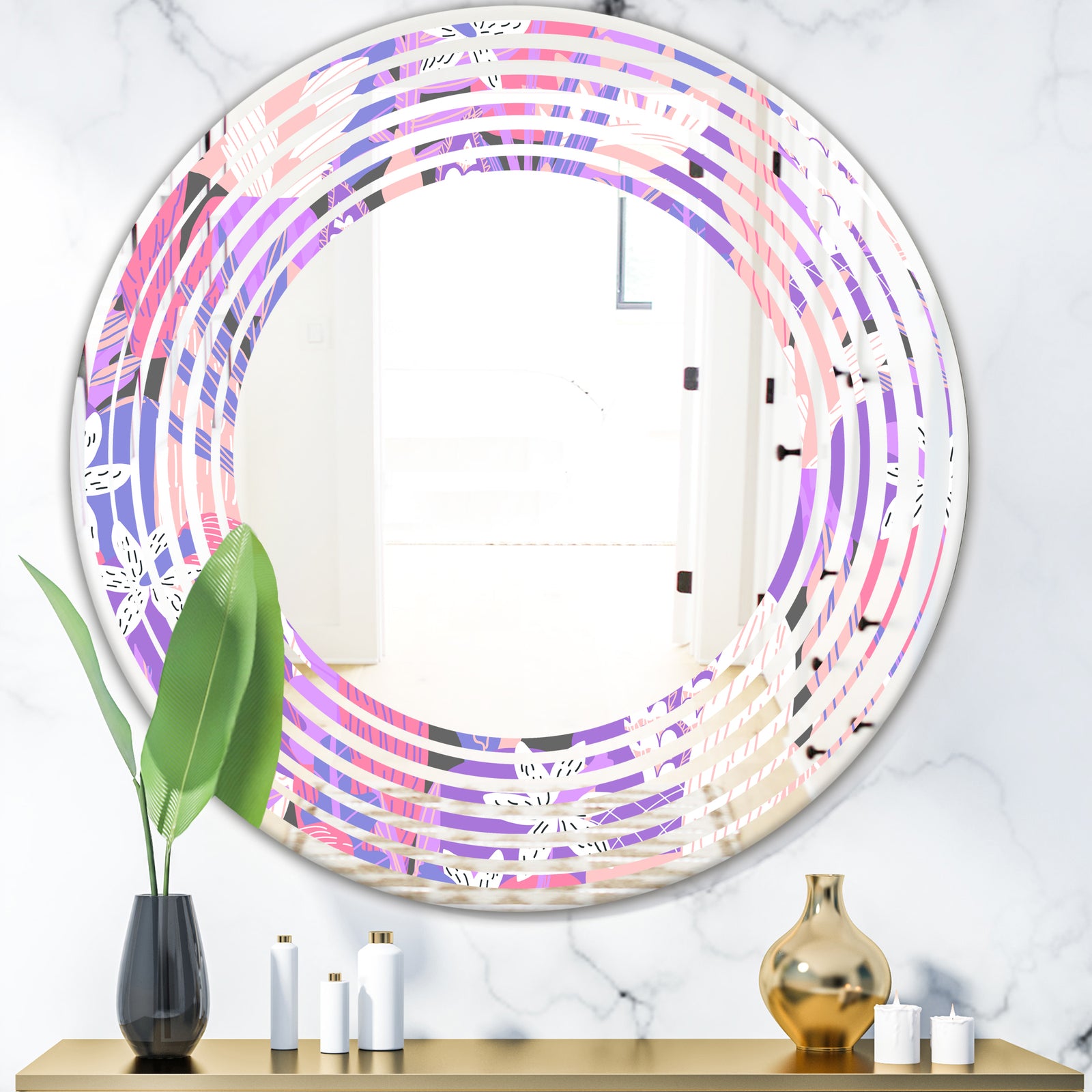 Fantasy Flowers In Purple - Modern Round or Oval Wall Mirror - Wave