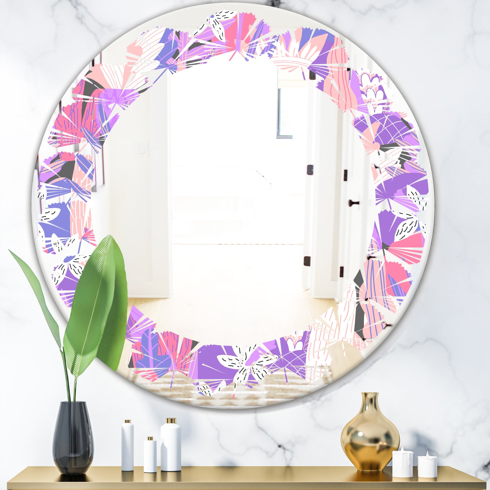 Fantasy Flowers In Purple - Modern Round or Oval Wall Mirror - Leaves