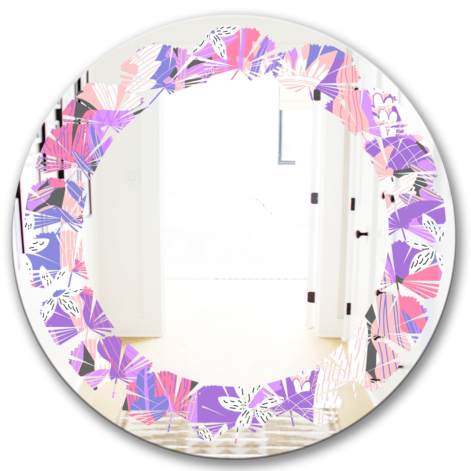 Fantasy Flowers In Purple - Modern Round or Oval Wall Mirror - Leaves