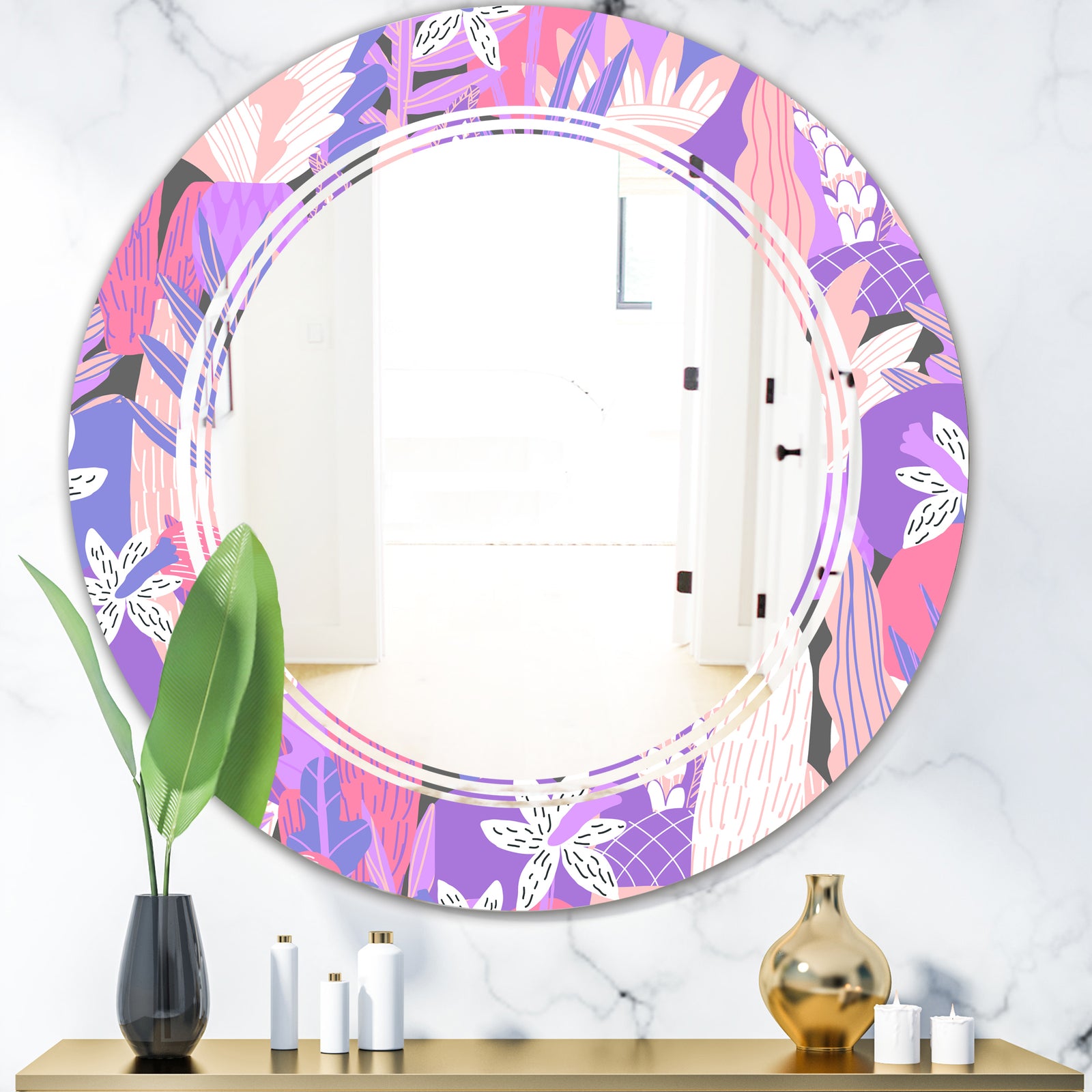 Fantasy Flowers In Purple - Modern Round or Oval Wall Mirror - Triple C