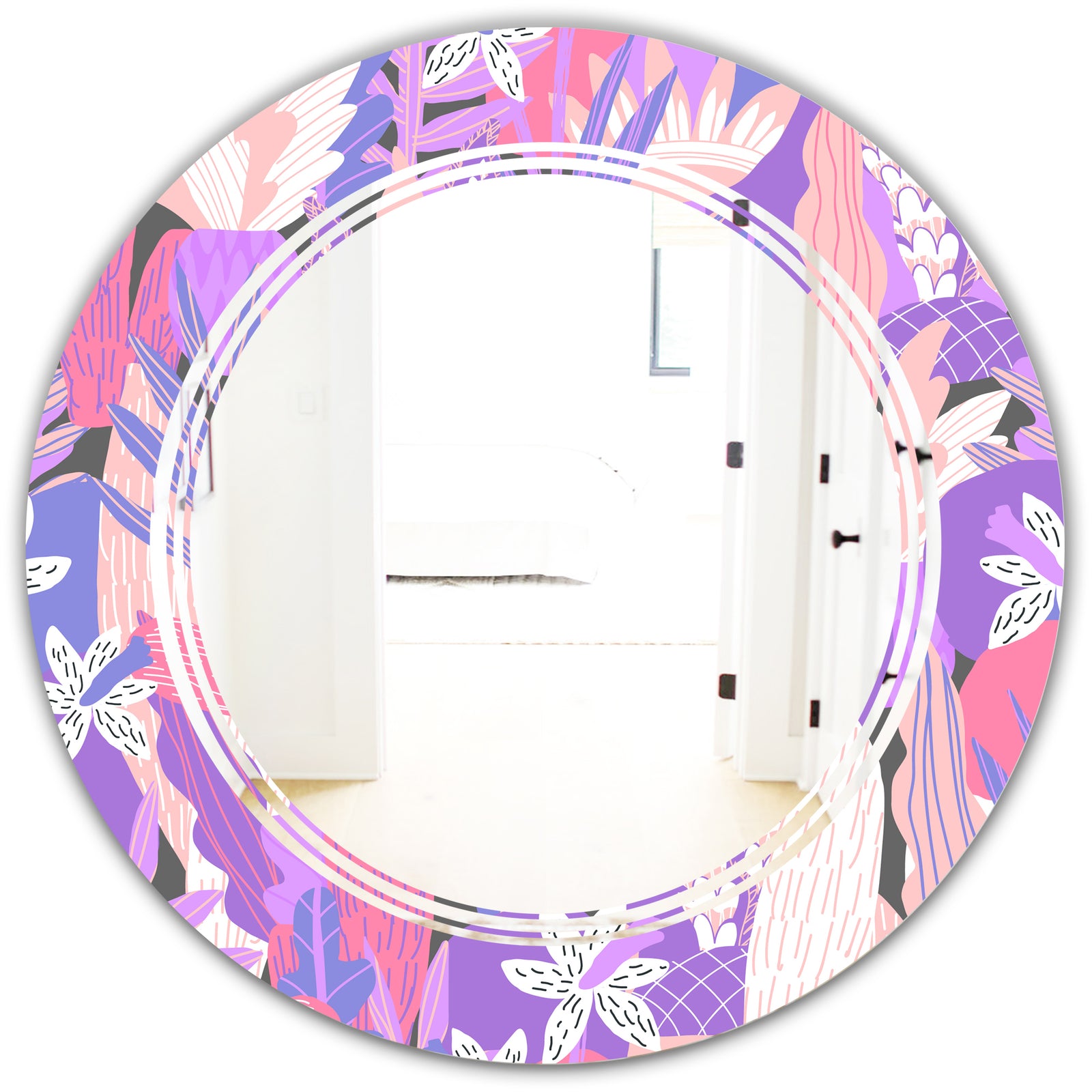 Fantasy Flowers In Purple - Modern Round or Oval Wall Mirror - Triple C