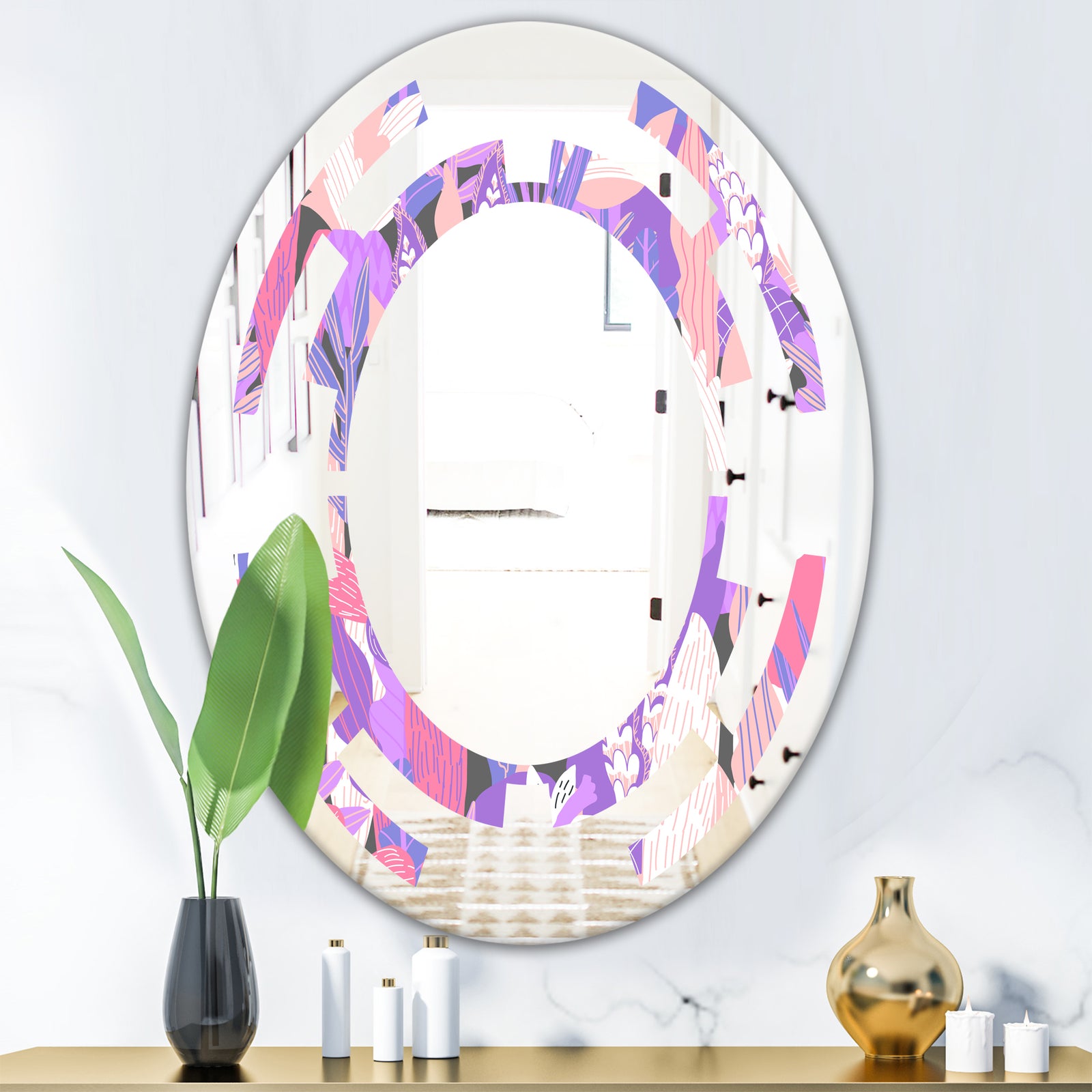 Fantasy Flowers In Purple - Modern Round or Oval Wall Mirror - Space