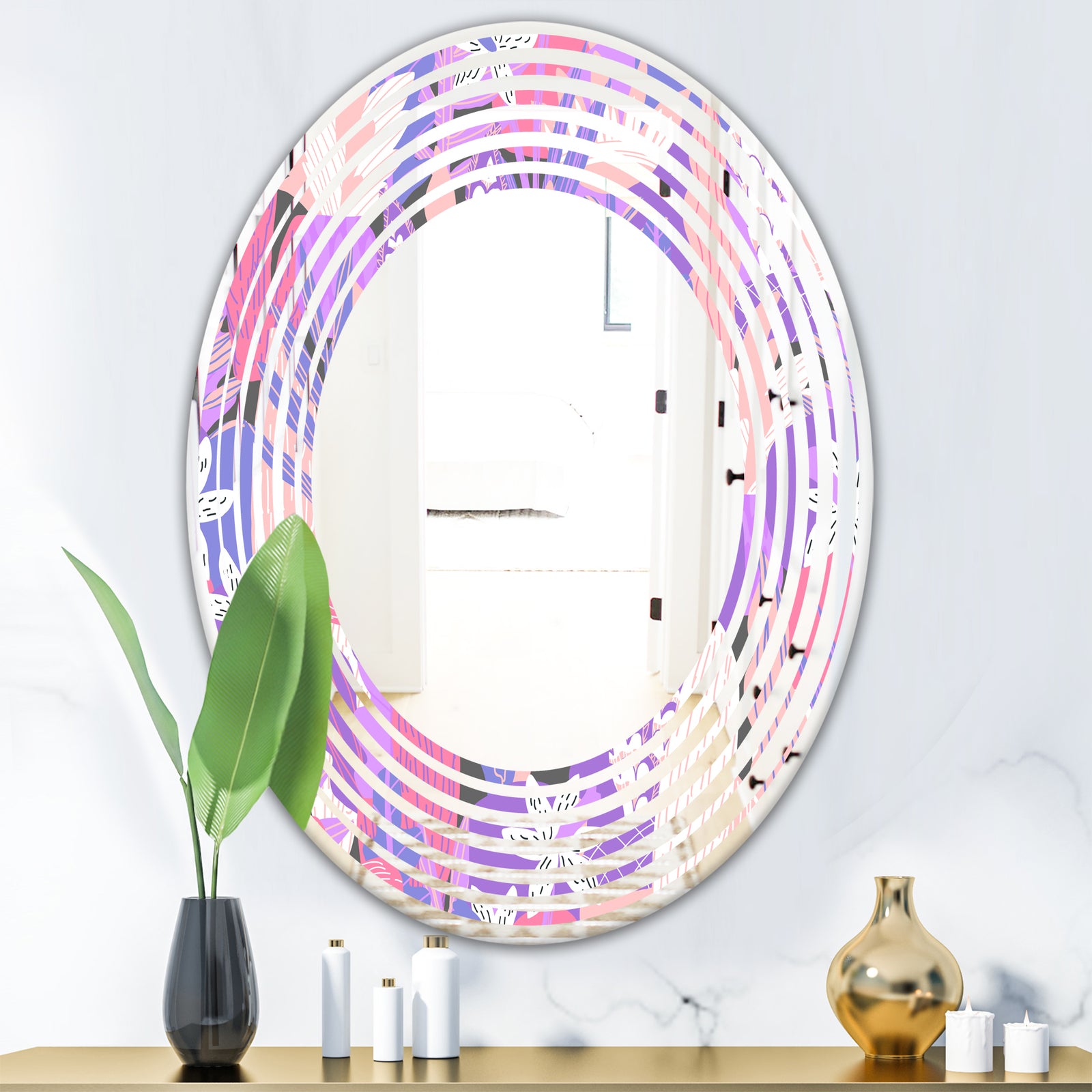 Fantasy Flowers In Purple - Modern Round or Oval Wall Mirror - Wave