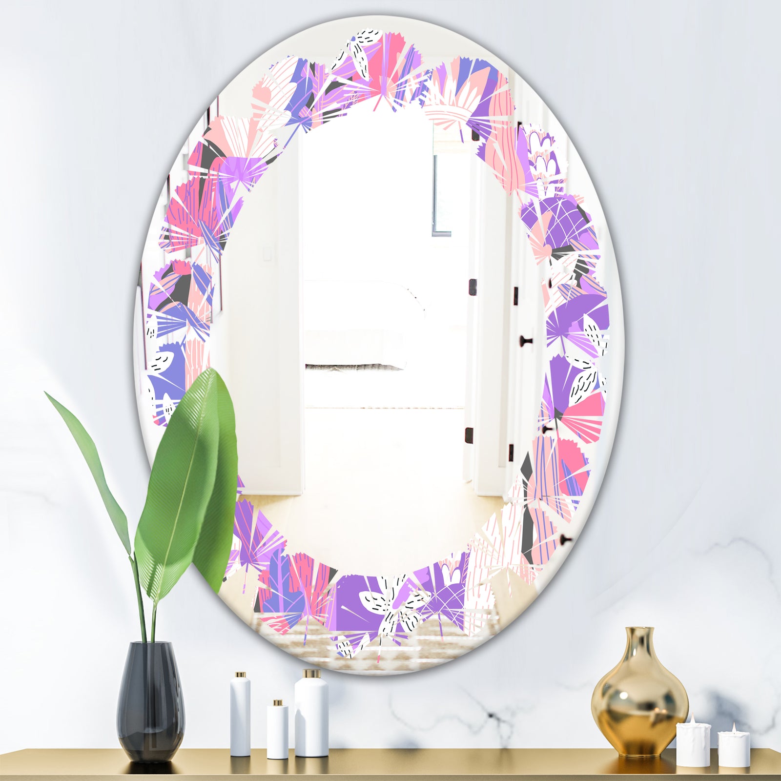 Fantasy Flowers In Purple - Modern Round or Oval Wall Mirror - Leaves