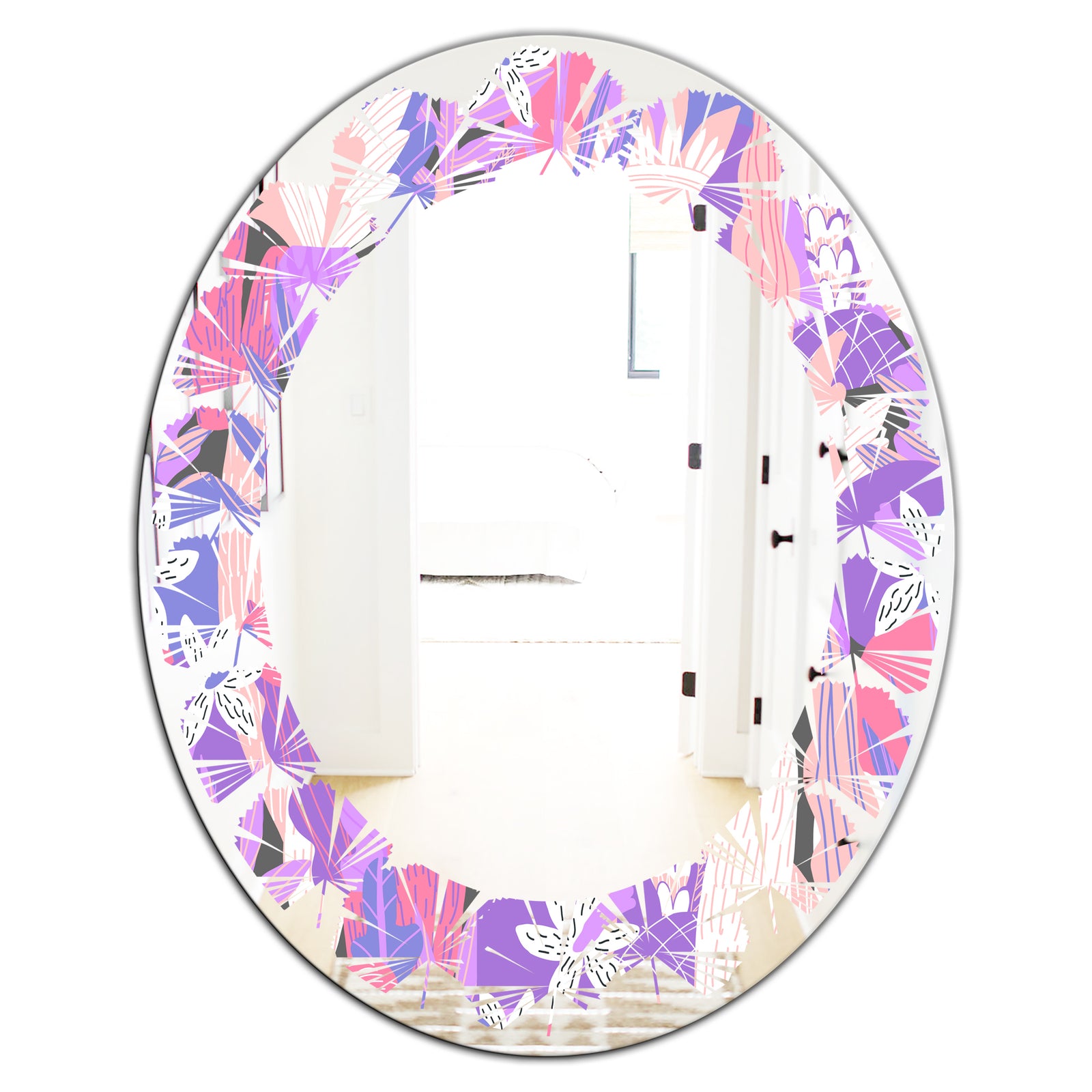 Fantasy Flowers In Purple - Modern Round or Oval Wall Mirror - Leaves