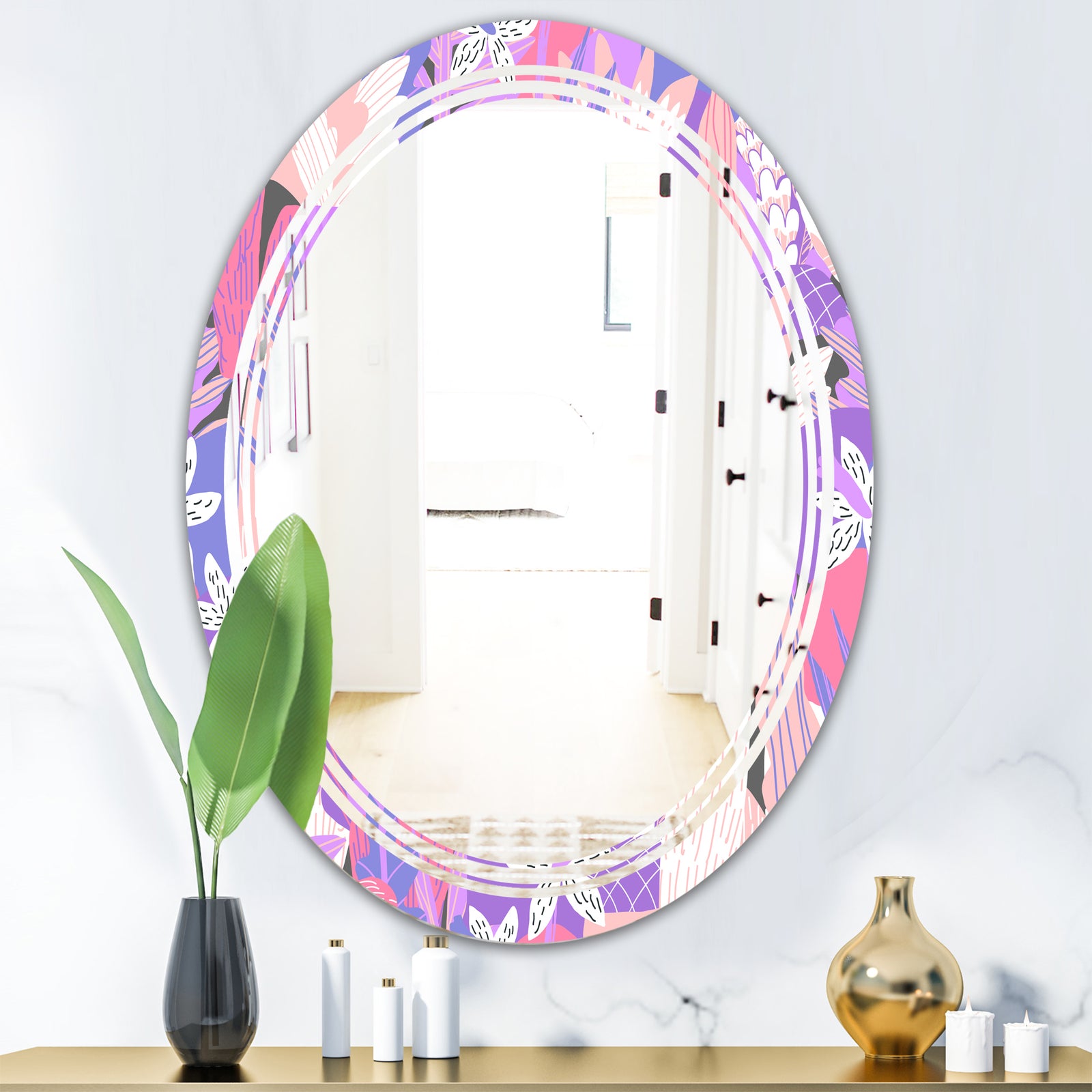 Fantasy Flowers In Purple - Modern Round or Oval Wall Mirror - Triple C