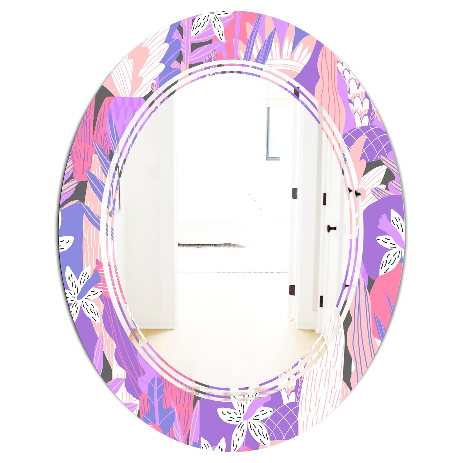 Fantasy Flowers In Purple - Modern Round or Oval Wall Mirror - Triple C