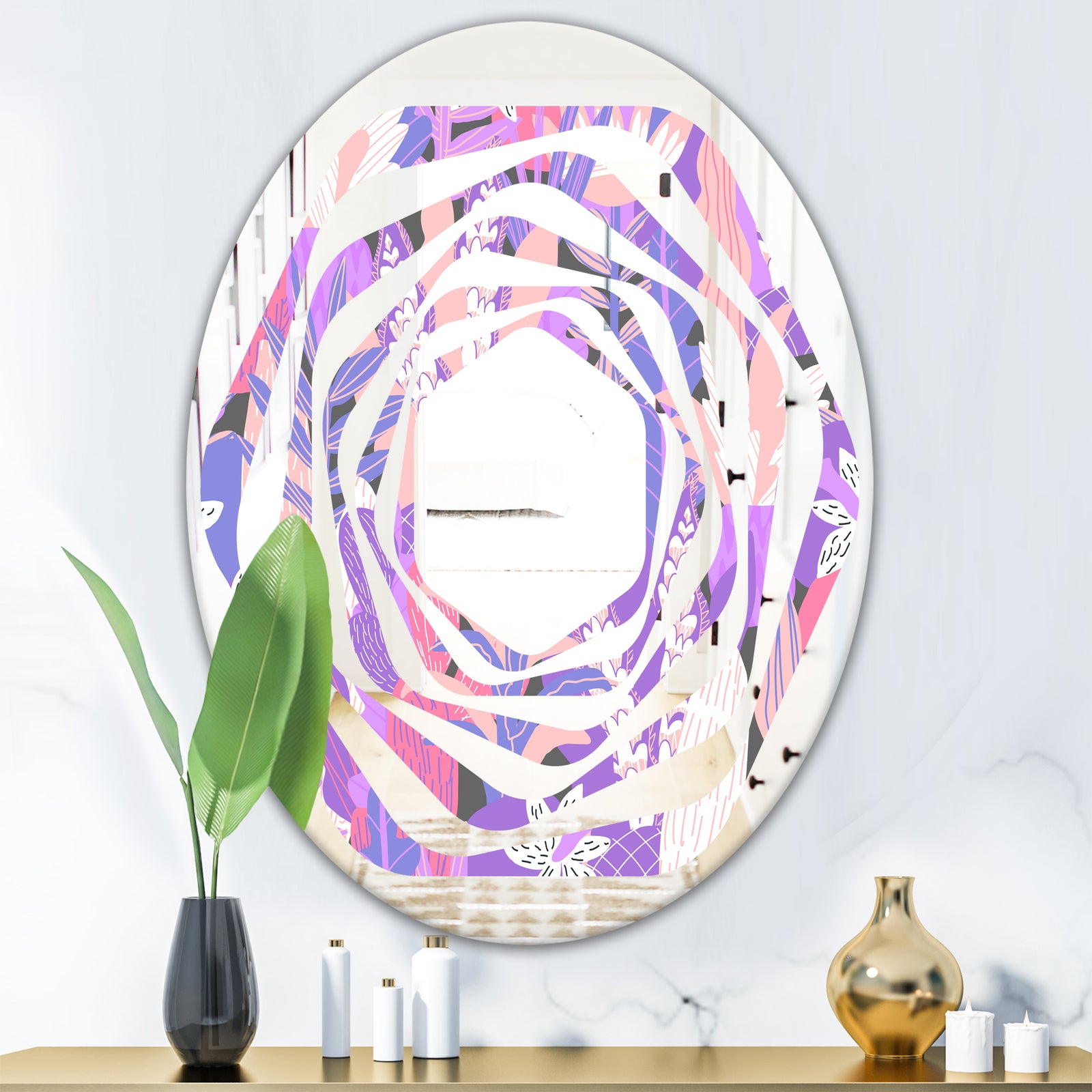 Fantasy Flowers In Purple - Modern Round or Oval Wall Mirror - Whirl