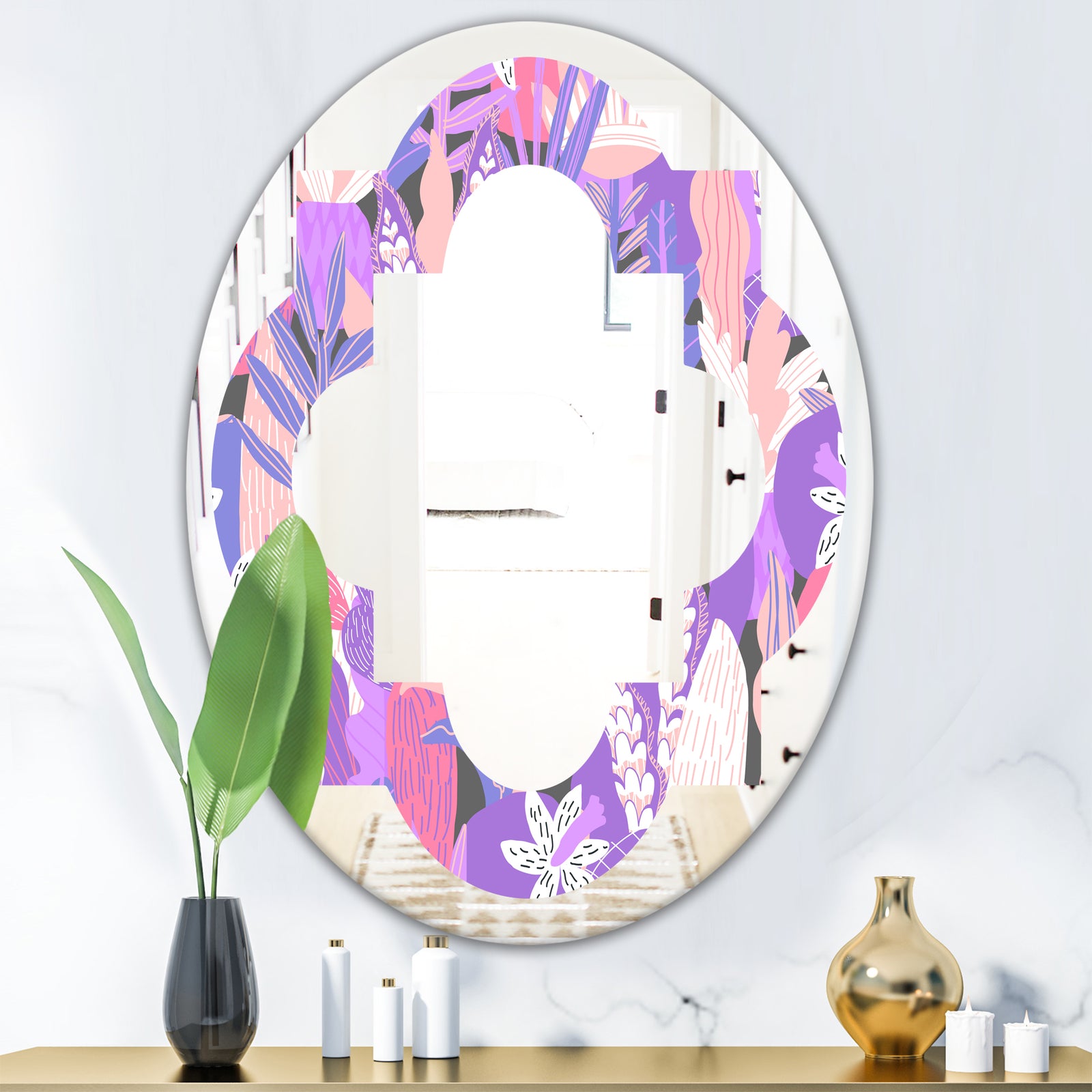 Fantasy Flowers In Purple - Modern Round or Oval Wall Mirror - Quatrefoil