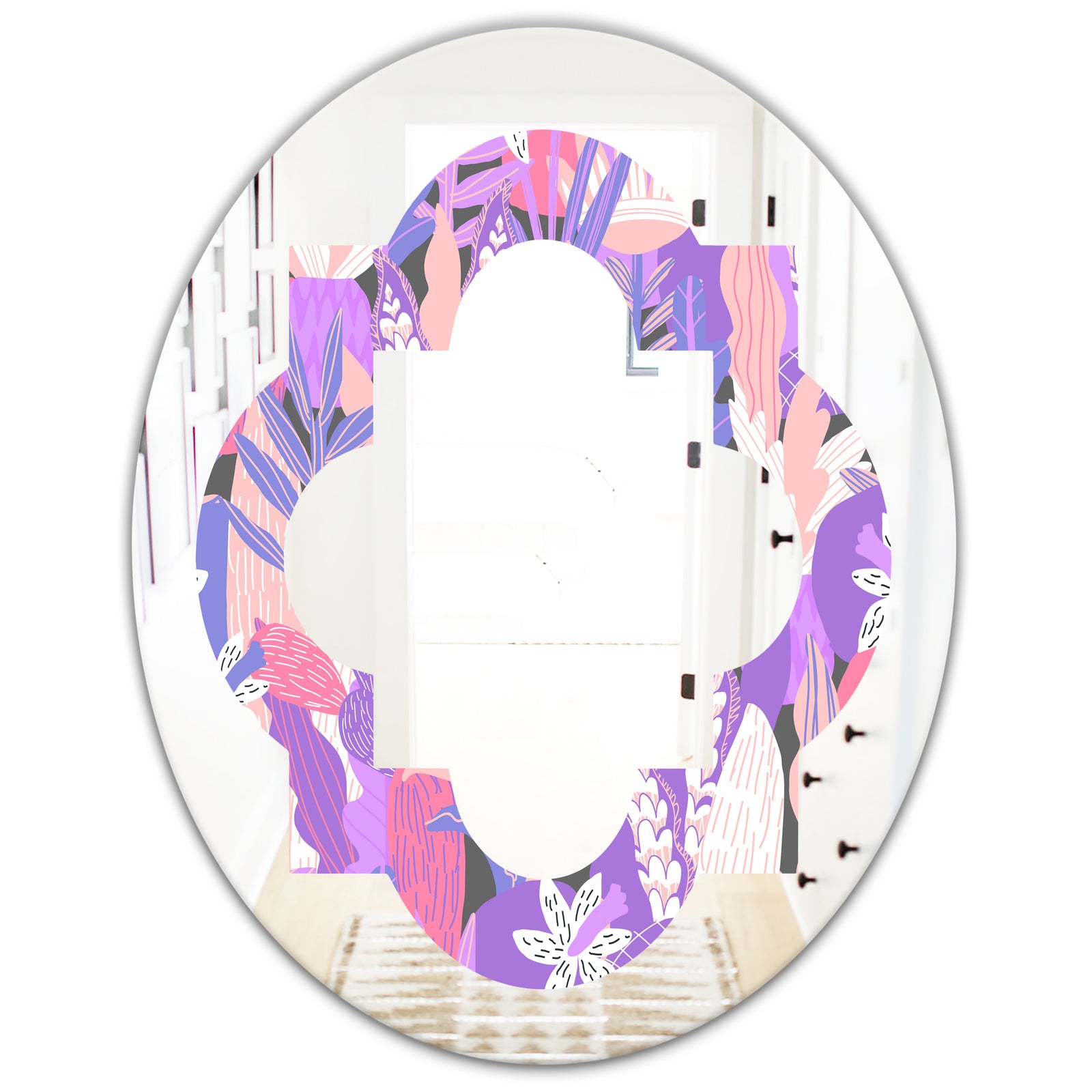 Fantasy Flowers In Purple - Modern Round or Oval Wall Mirror - Quatrefoil