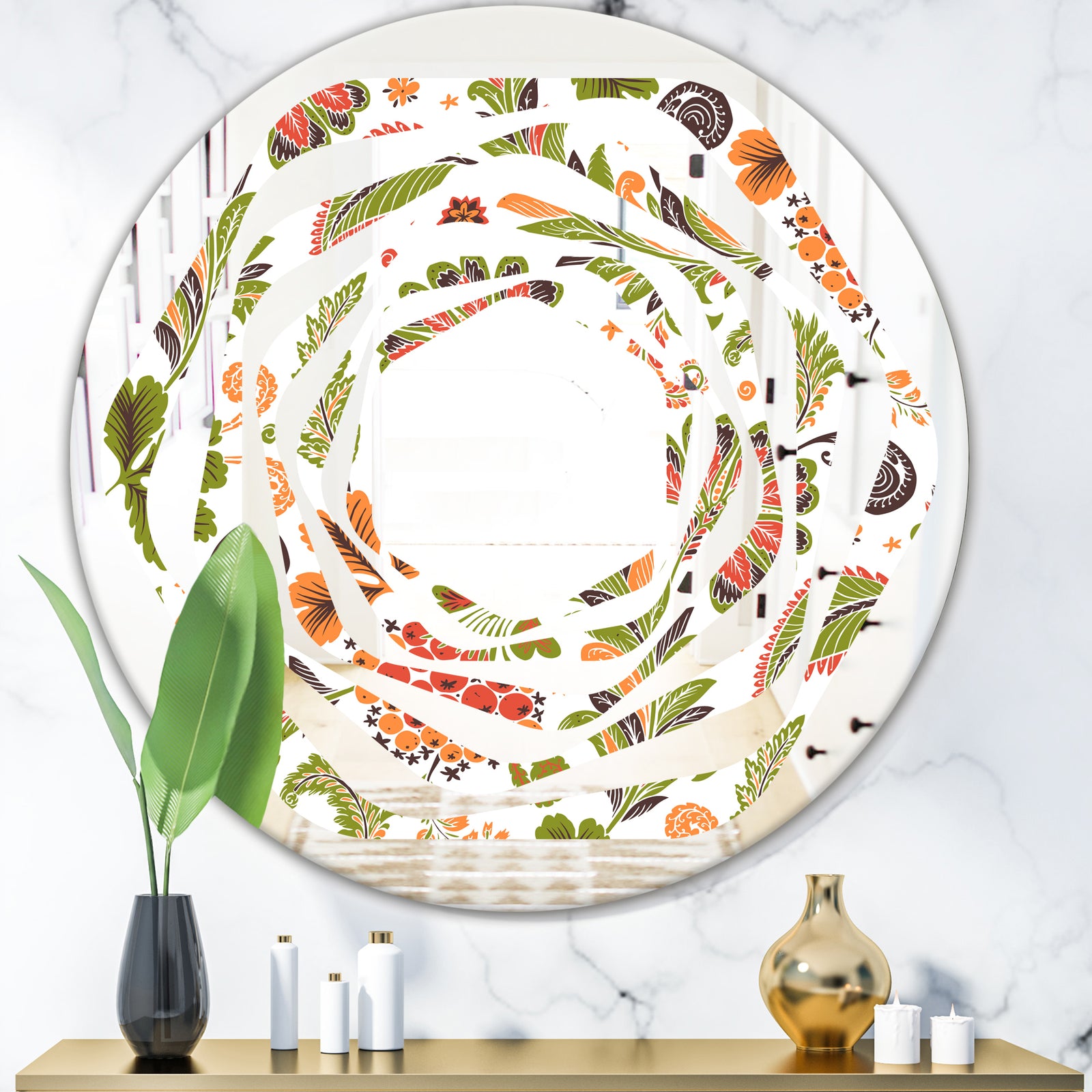 Retro Fantasy Flowers I - Modern Round or Oval Wall Mirror - Whirl
