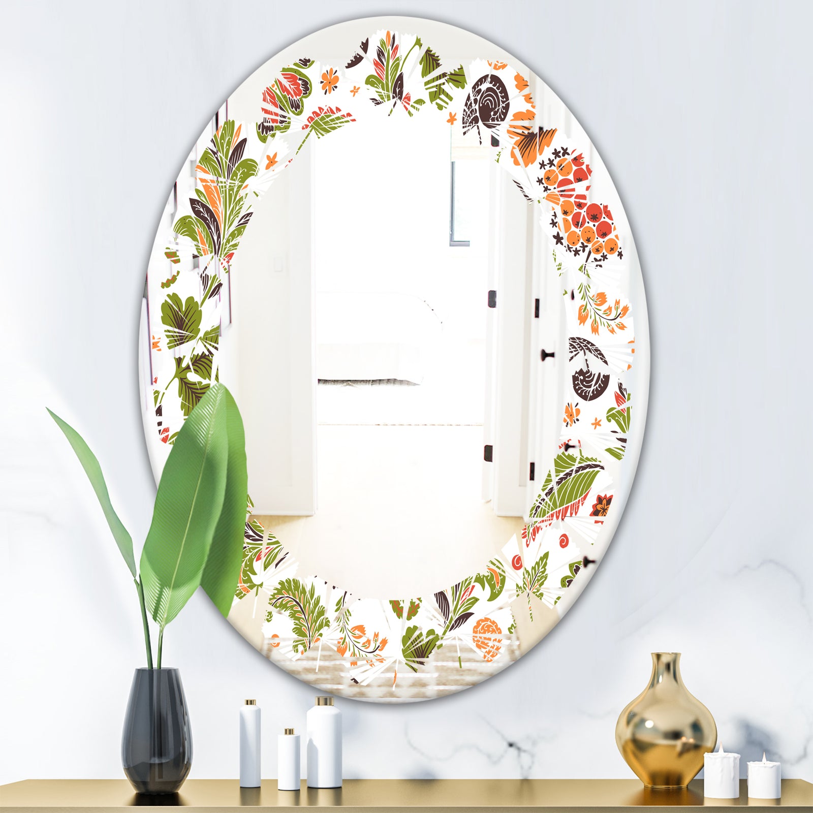 Retro Fantasy Flowers I - Modern Round or Oval Wall Mirror - Leaves