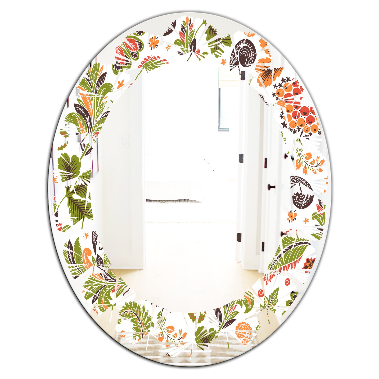 Retro Fantasy Flowers I - Modern Round or Oval Wall Mirror - Leaves