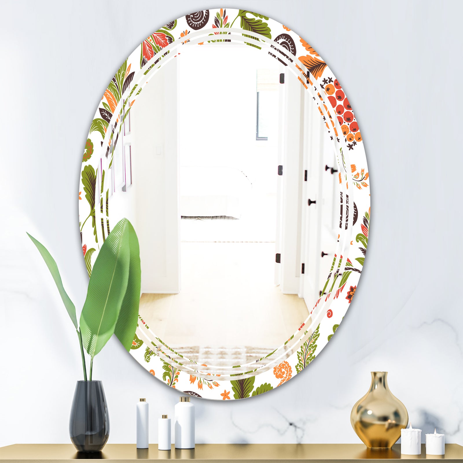 Retro Fantasy Flowers I - Modern Round or Oval Wall Mirror - Triple C