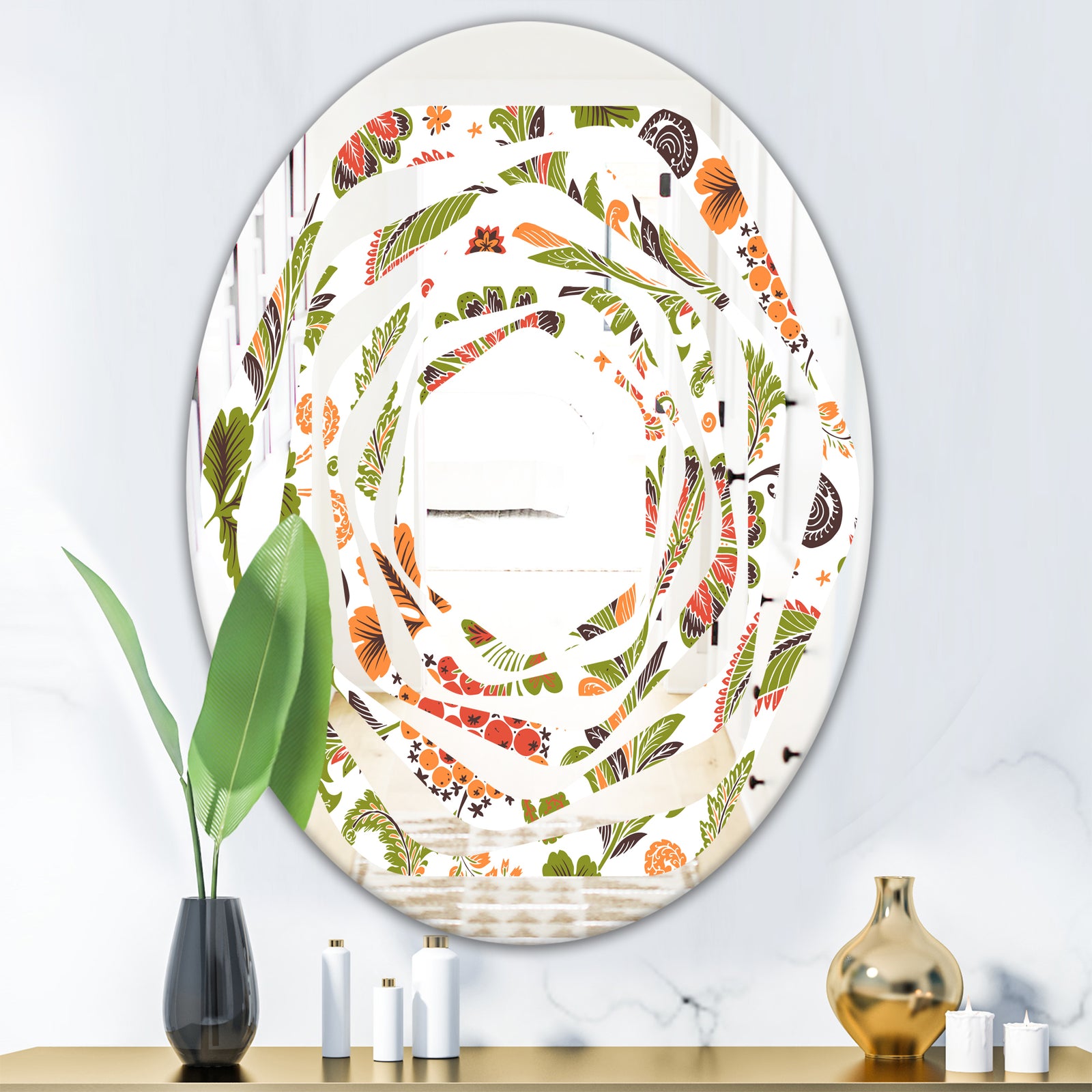 Retro Fantasy Flowers I - Modern Round or Oval Wall Mirror - Whirl
