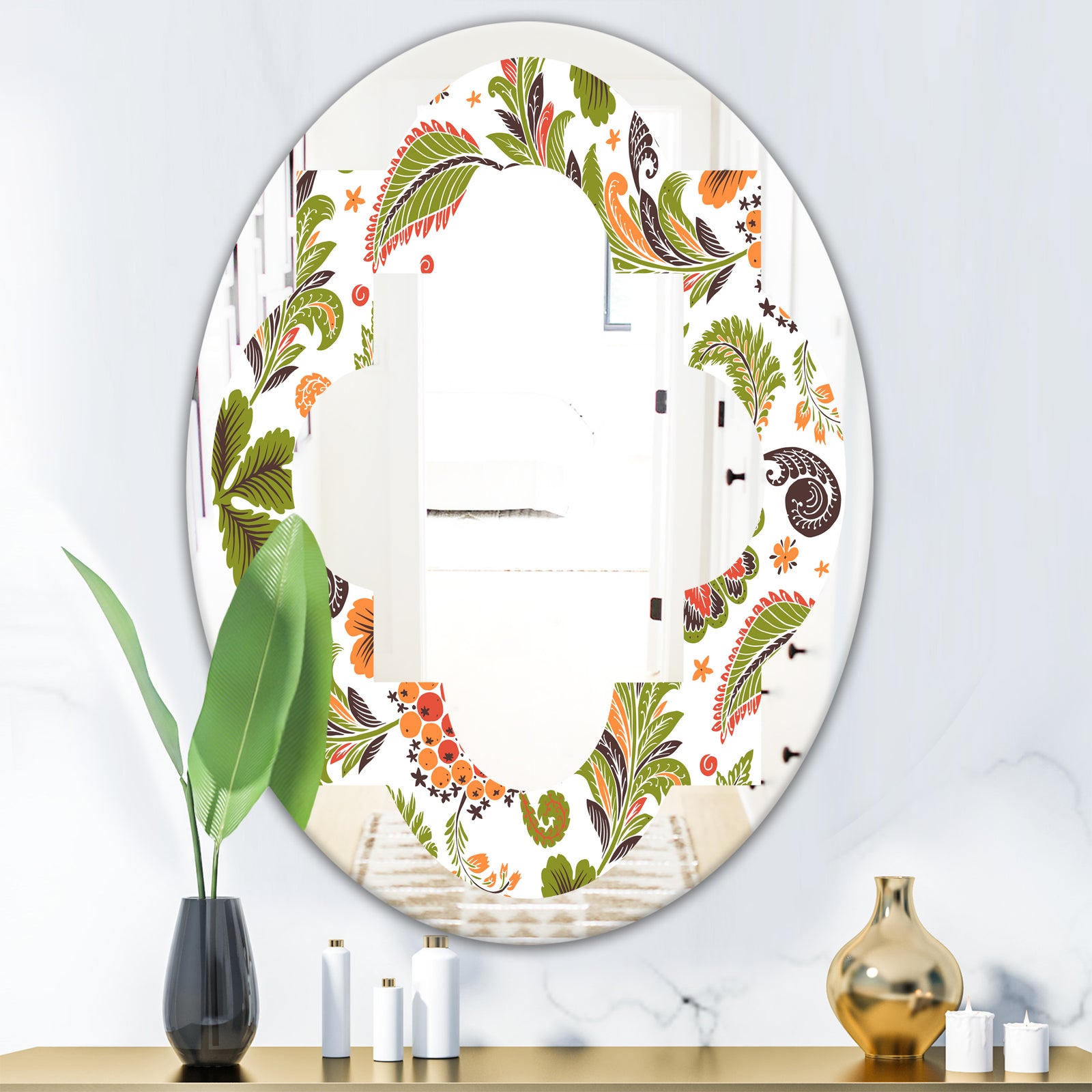 Retro Fantasy Flowers I - Modern Round or Oval Wall Mirror - Quatrefoil