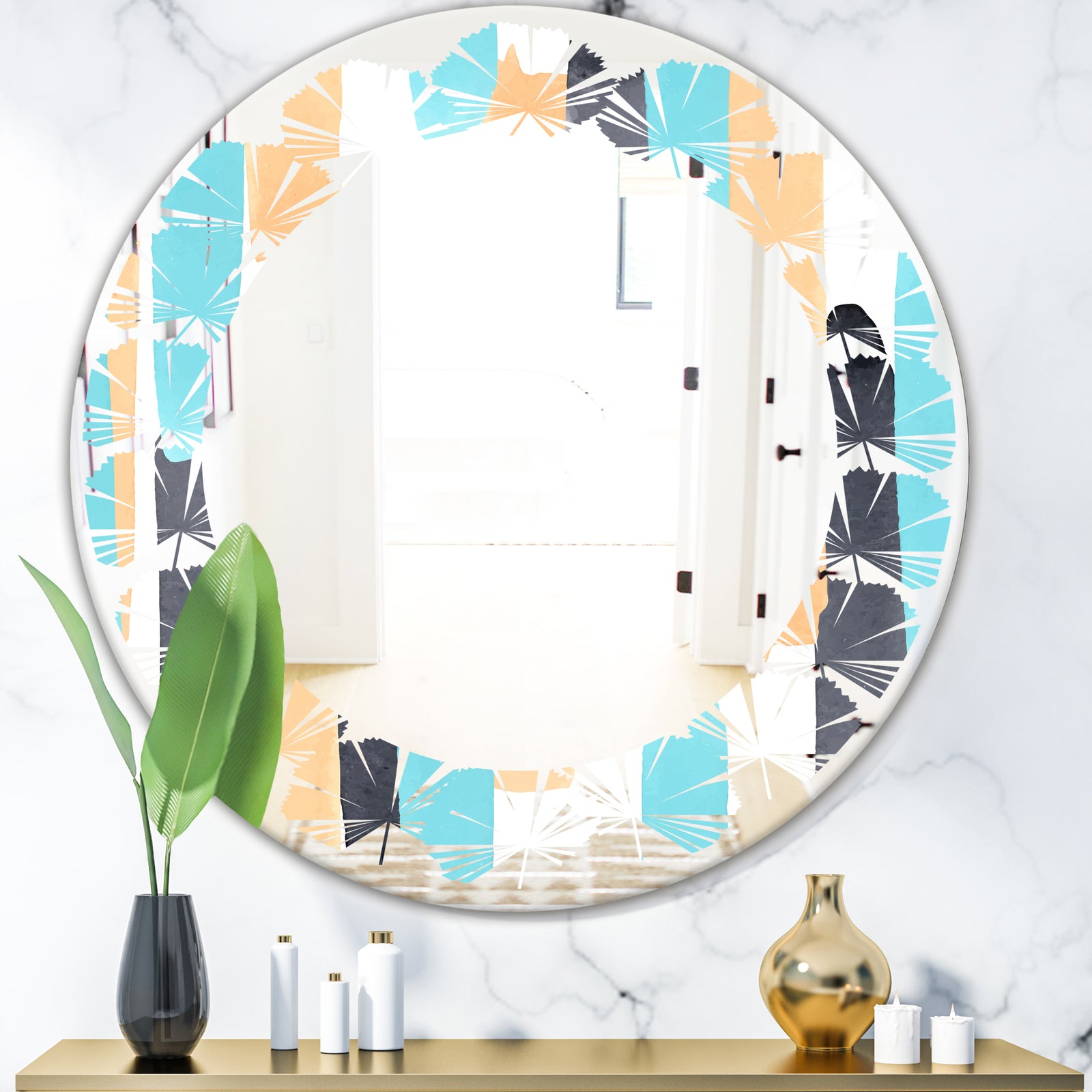 Retro Geometrical Abstract I - Modern Round or Oval Wall Mirror - Leaves
