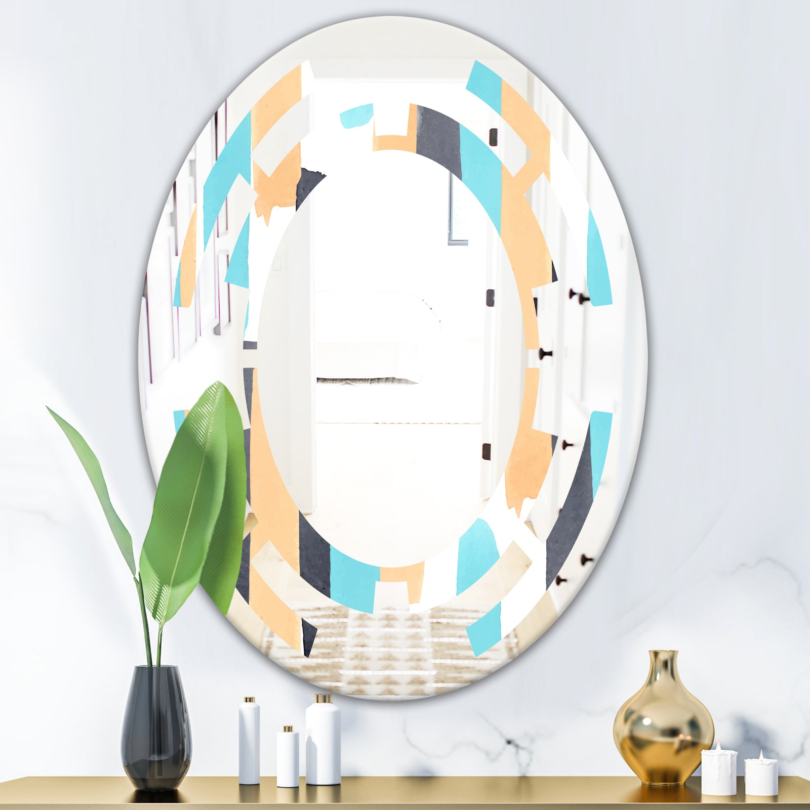 Retro Geometrical Abstract I - Modern Round or Oval Wall Mirror - Space