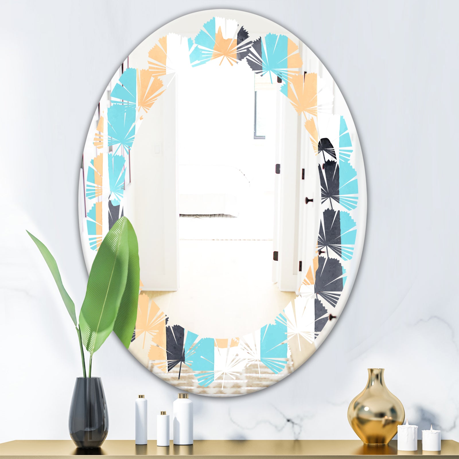 Retro Geometrical Abstract I - Modern Round or Oval Wall Mirror - Leaves
