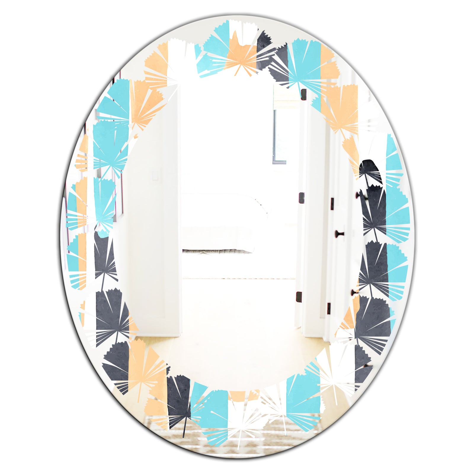 Retro Geometrical Abstract I - Modern Round or Oval Wall Mirror - Leaves