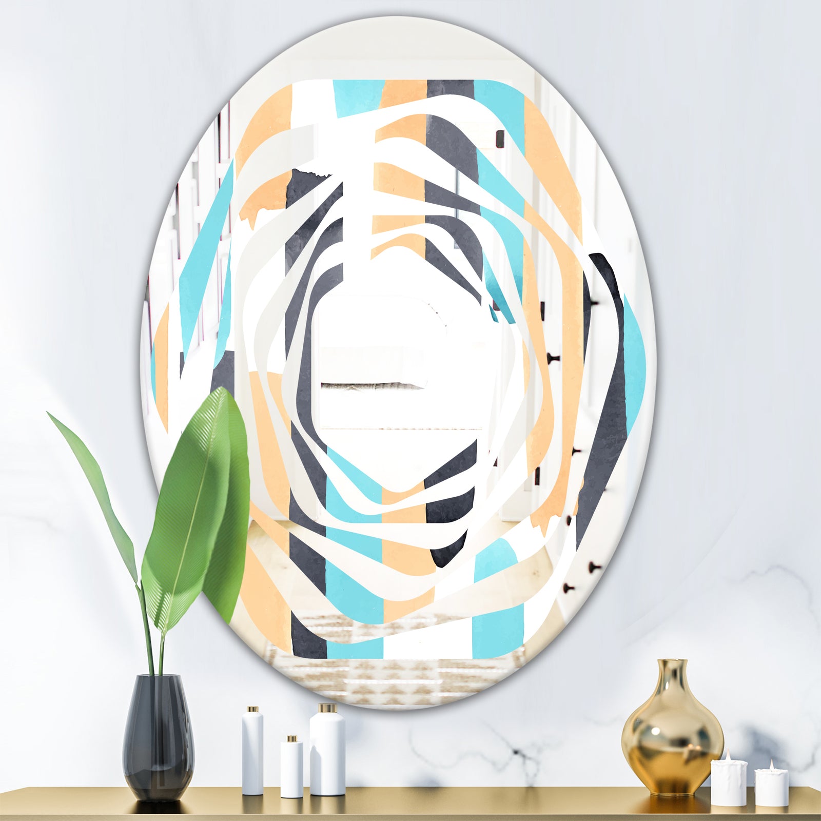 Retro Geometrical Abstract I - Modern Round or Oval Wall Mirror - Whirl