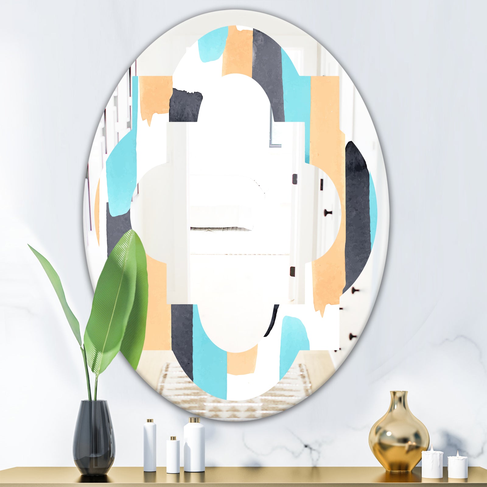Retro Geometrical Abstract I - Modern Round or Oval Wall Mirror - Quatrefoil