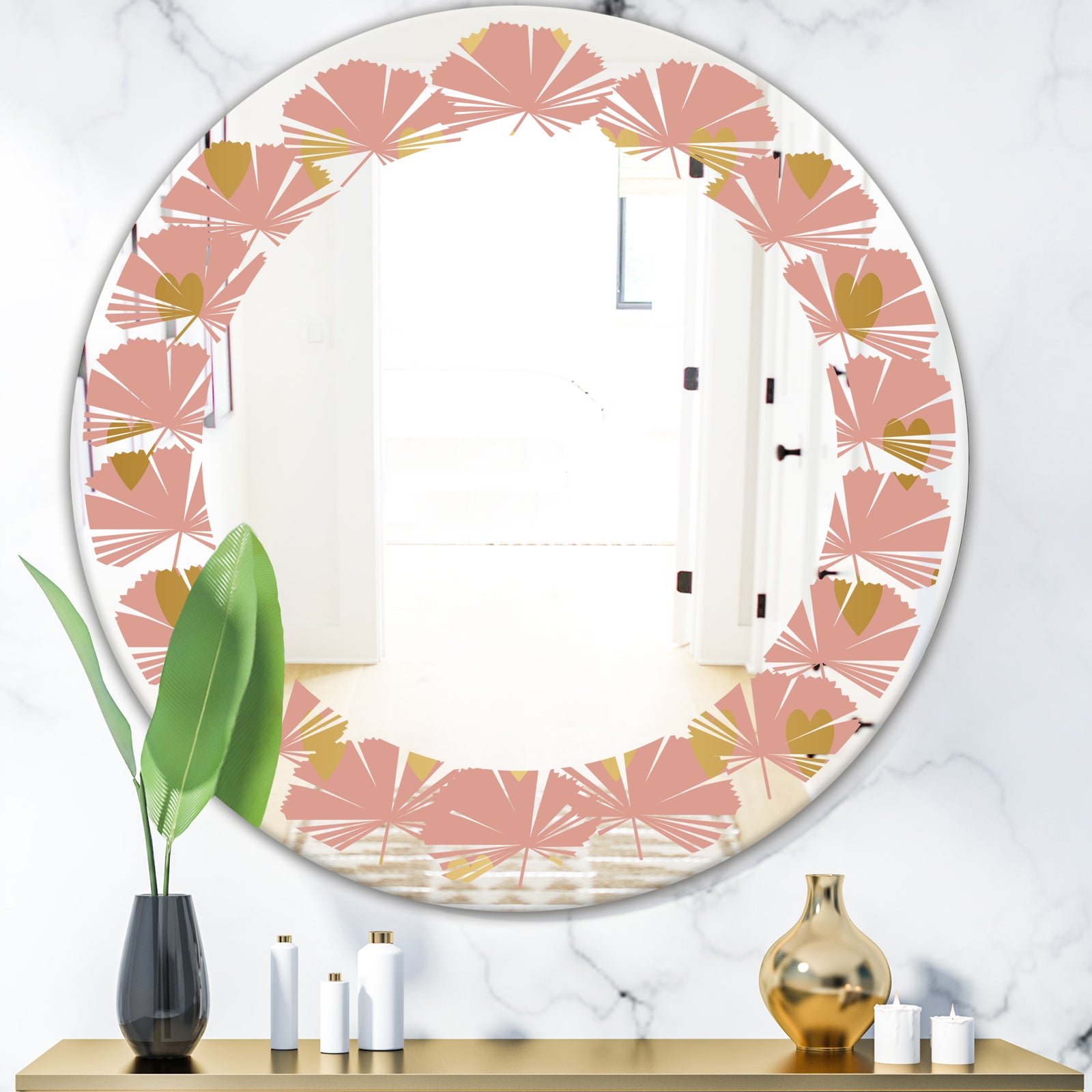 Gold Hearts On Pink - Modern Round or Oval Wall Mirror - Leaves