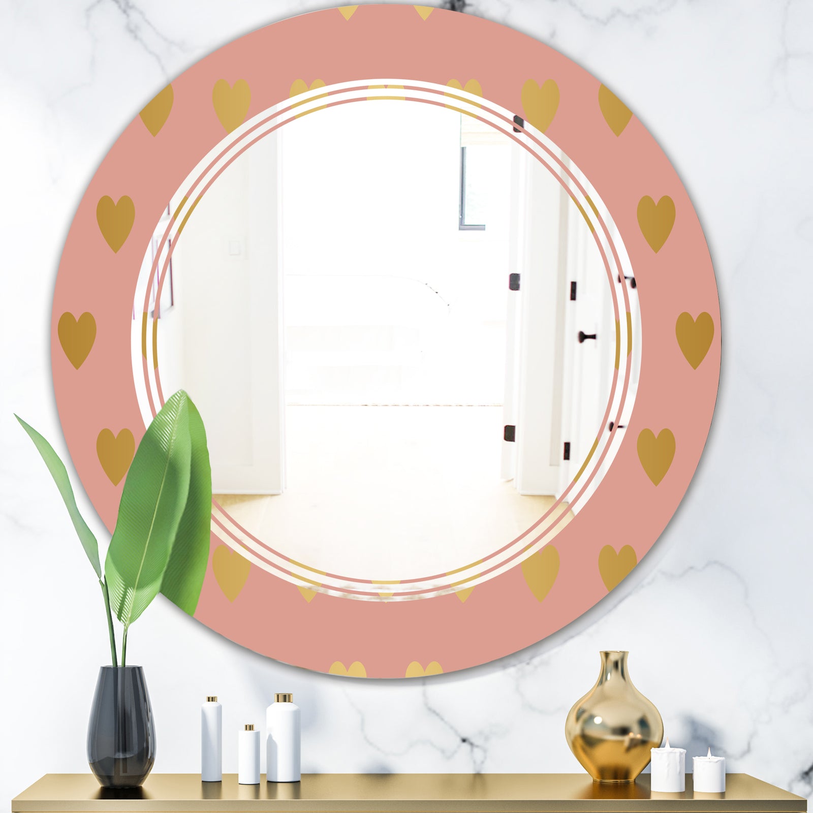 Gold Hearts On Pink - Modern Round or Oval Wall Mirror - Triple C