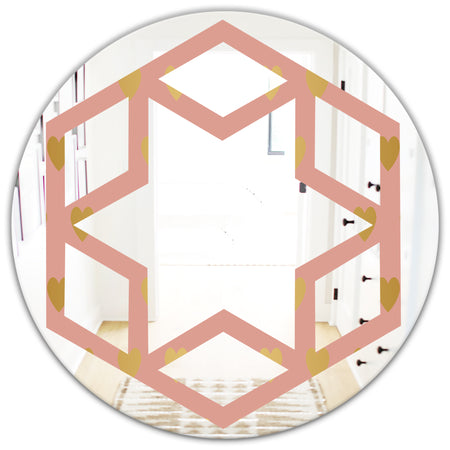 Gold Hearts On Pink - Modern Round or Oval Wall Mirror - Hexagon Star
