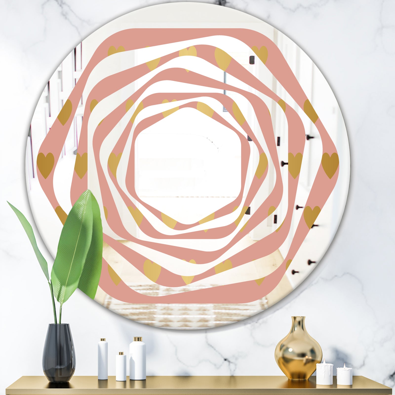 Gold Hearts On Pink - Modern Round or Oval Wall Mirror - Whirl