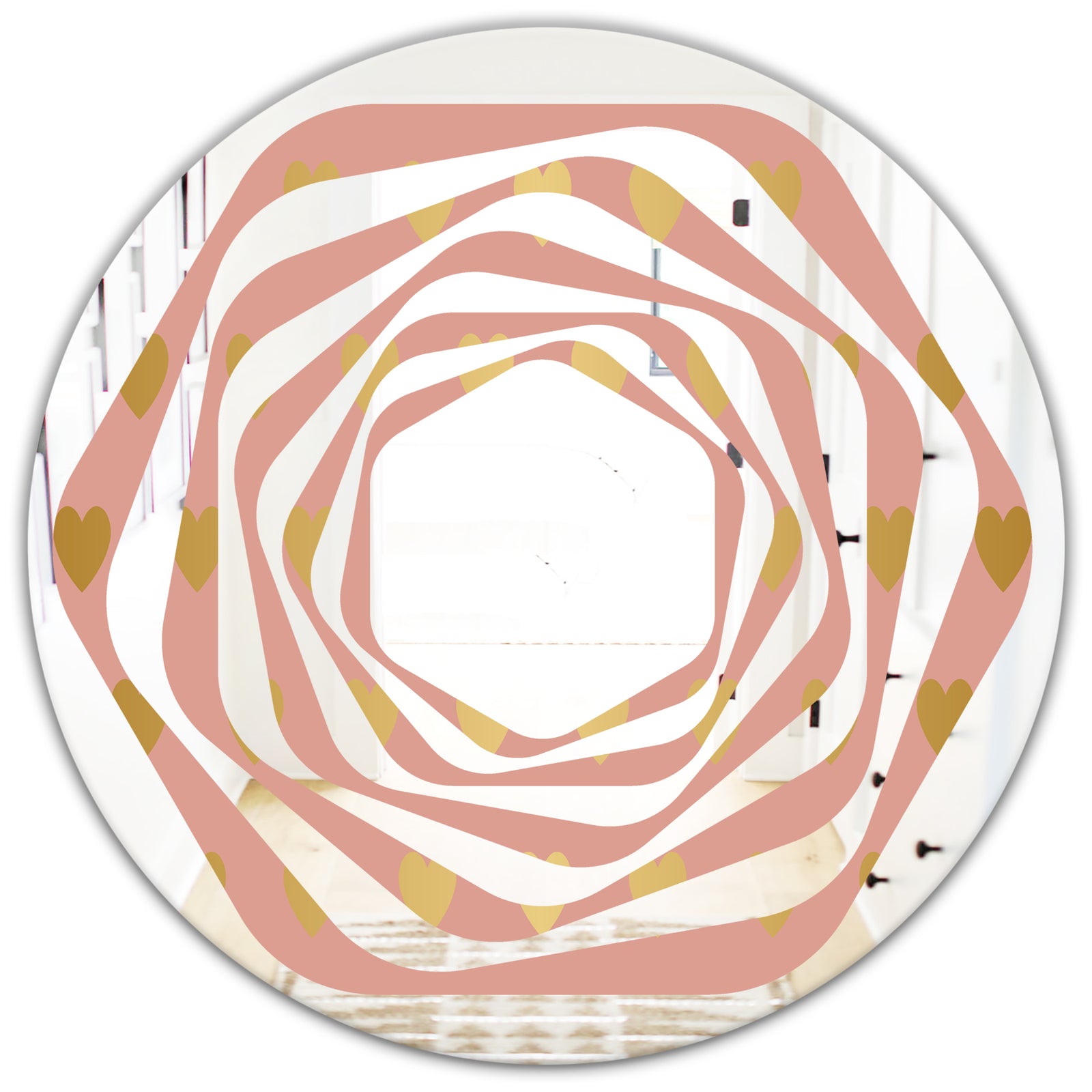 Gold Hearts On Pink - Modern Round or Oval Wall Mirror - Whirl