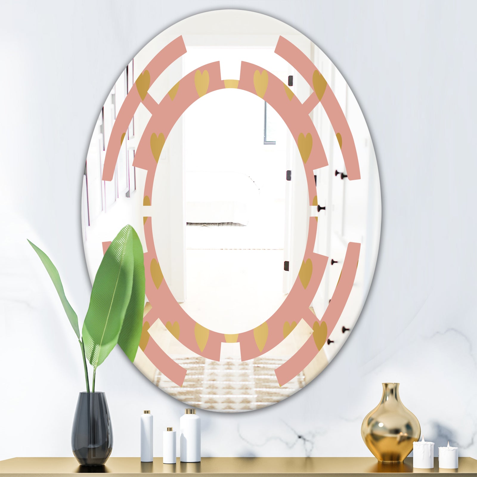 Gold Hearts On Pink - Modern Round or Oval Wall Mirror - Space