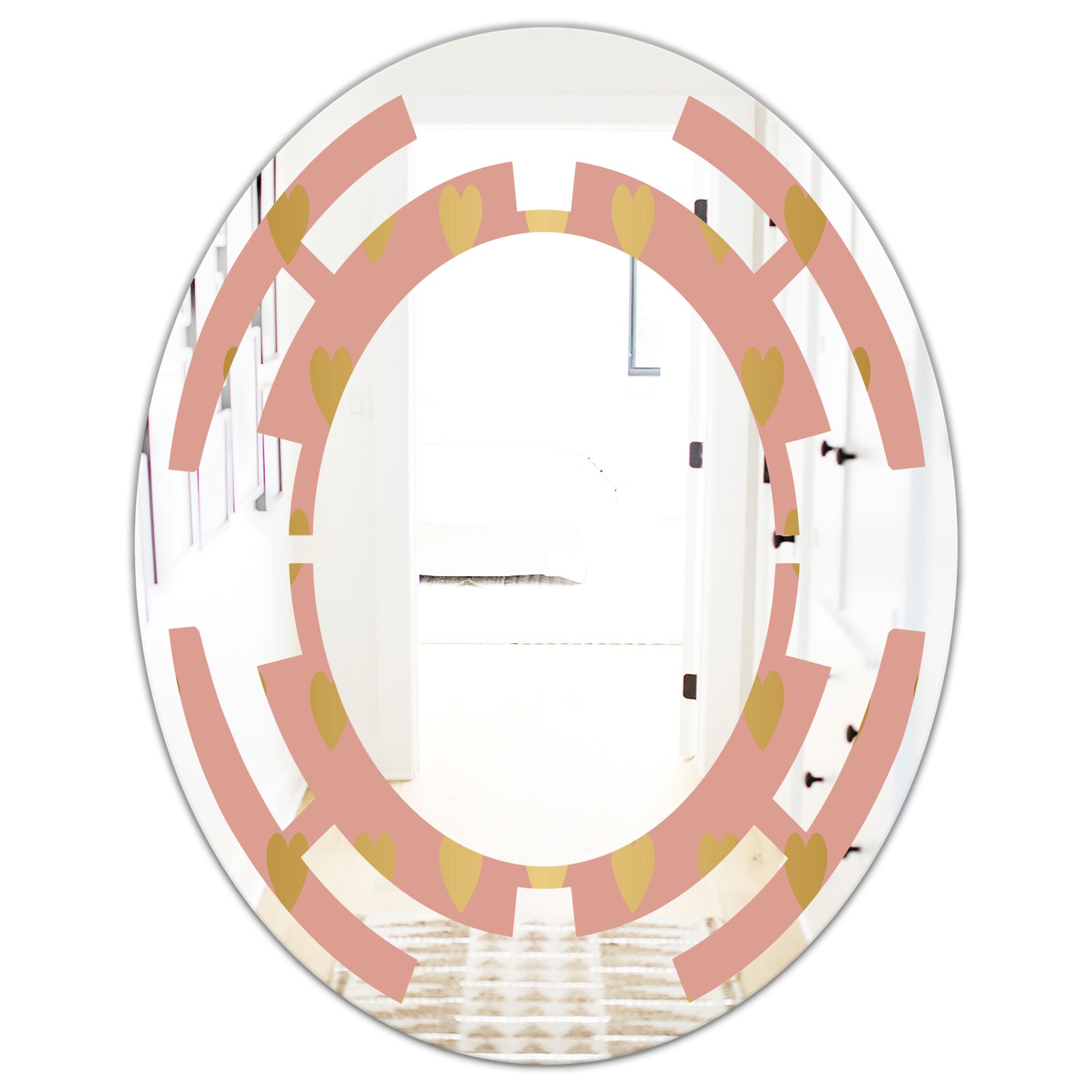 Gold Hearts On Pink - Modern Round or Oval Wall Mirror - Space