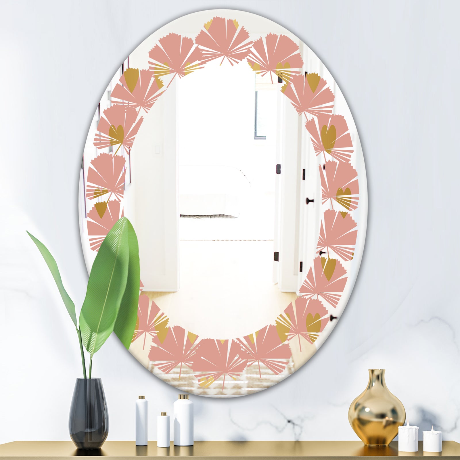 Gold Hearts On Pink - Modern Round or Oval Wall Mirror - Leaves