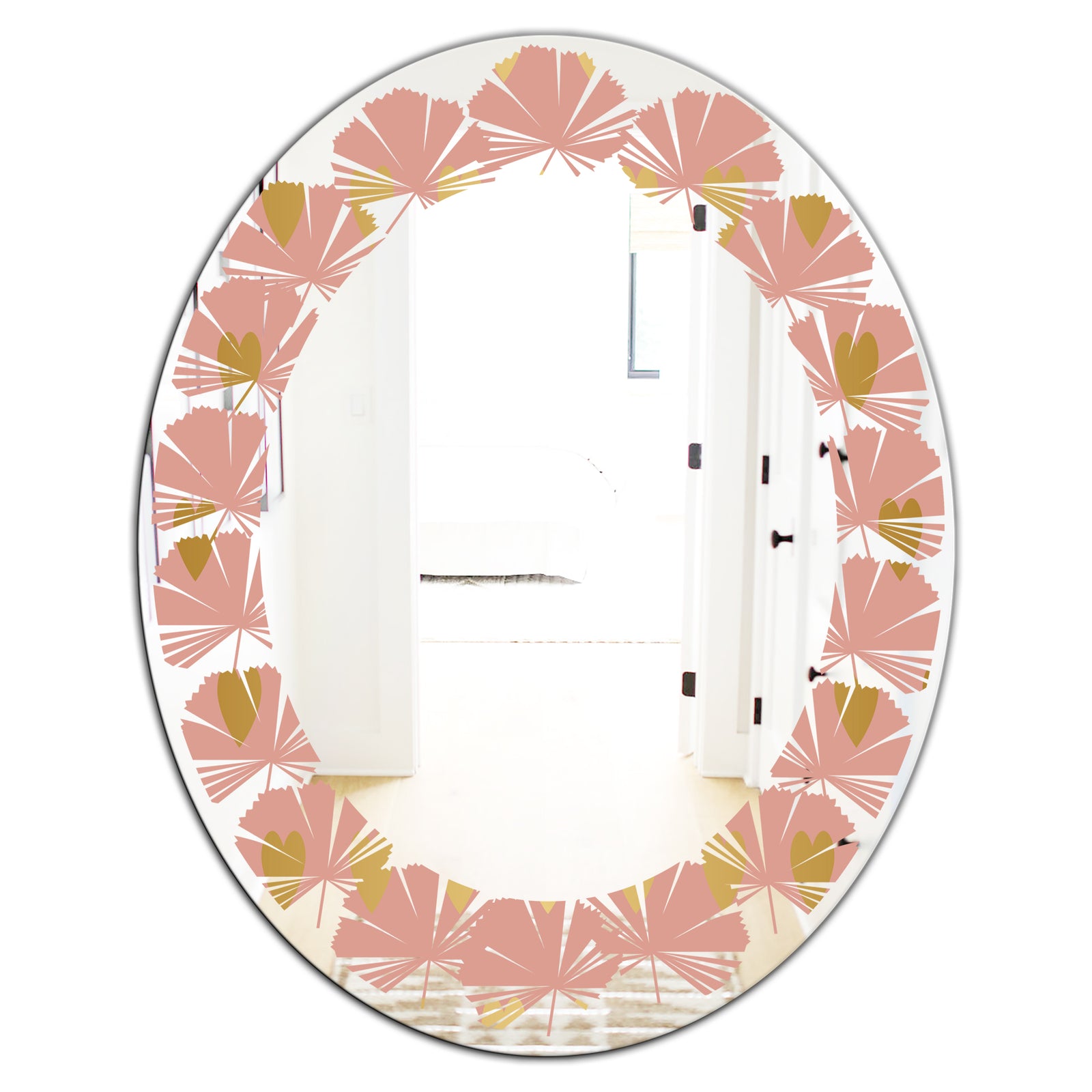 Gold Hearts On Pink - Modern Round or Oval Wall Mirror - Leaves
