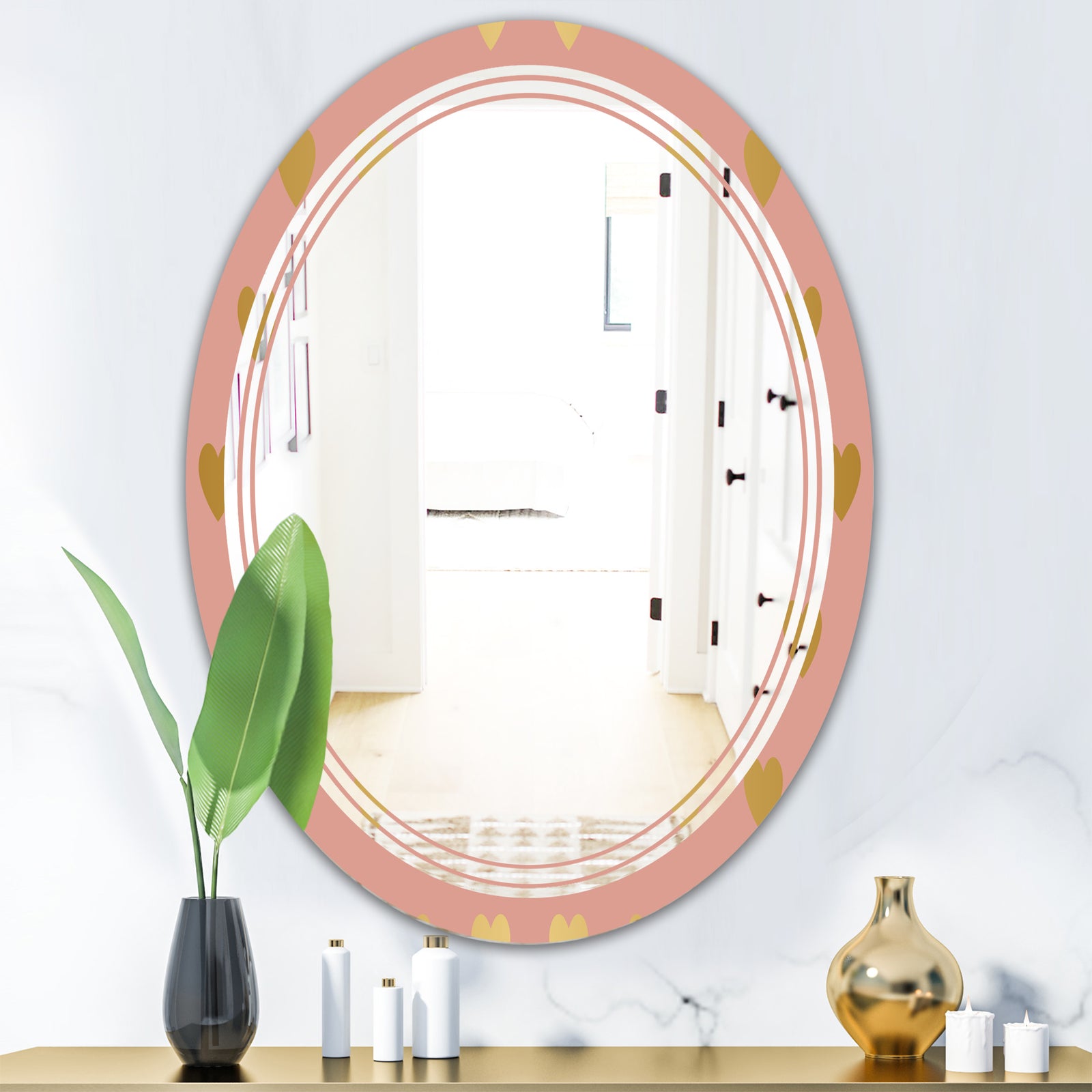 Gold Hearts On Pink - Modern Round or Oval Wall Mirror - Triple C