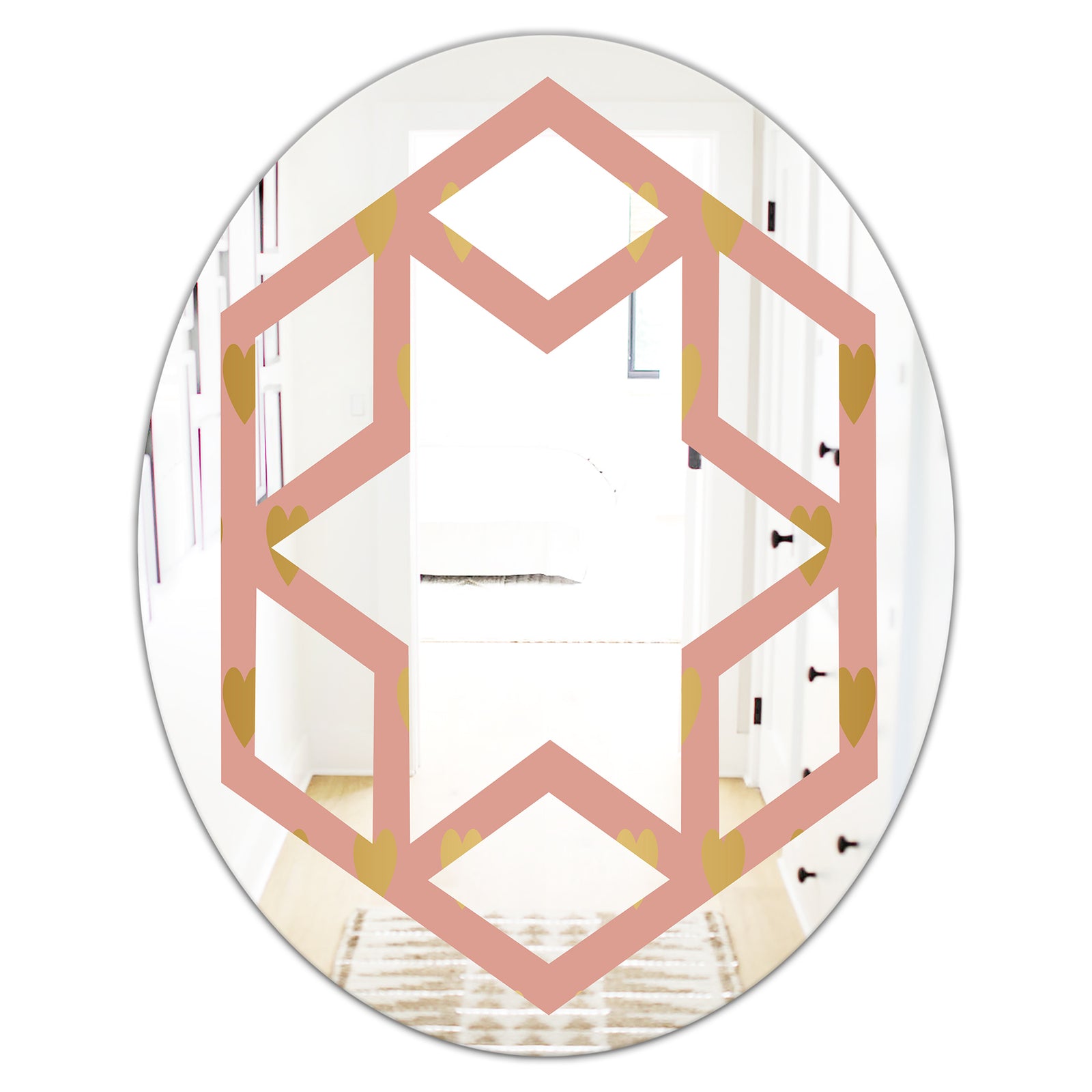 Gold Hearts On Pink - Modern Round or Oval Wall Mirror - Hexagon Star