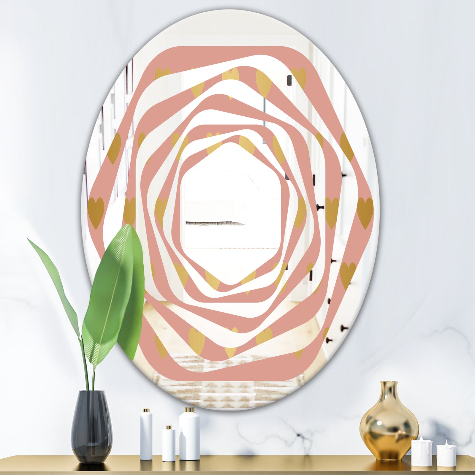 Gold Hearts On Pink - Modern Round or Oval Wall Mirror - Whirl