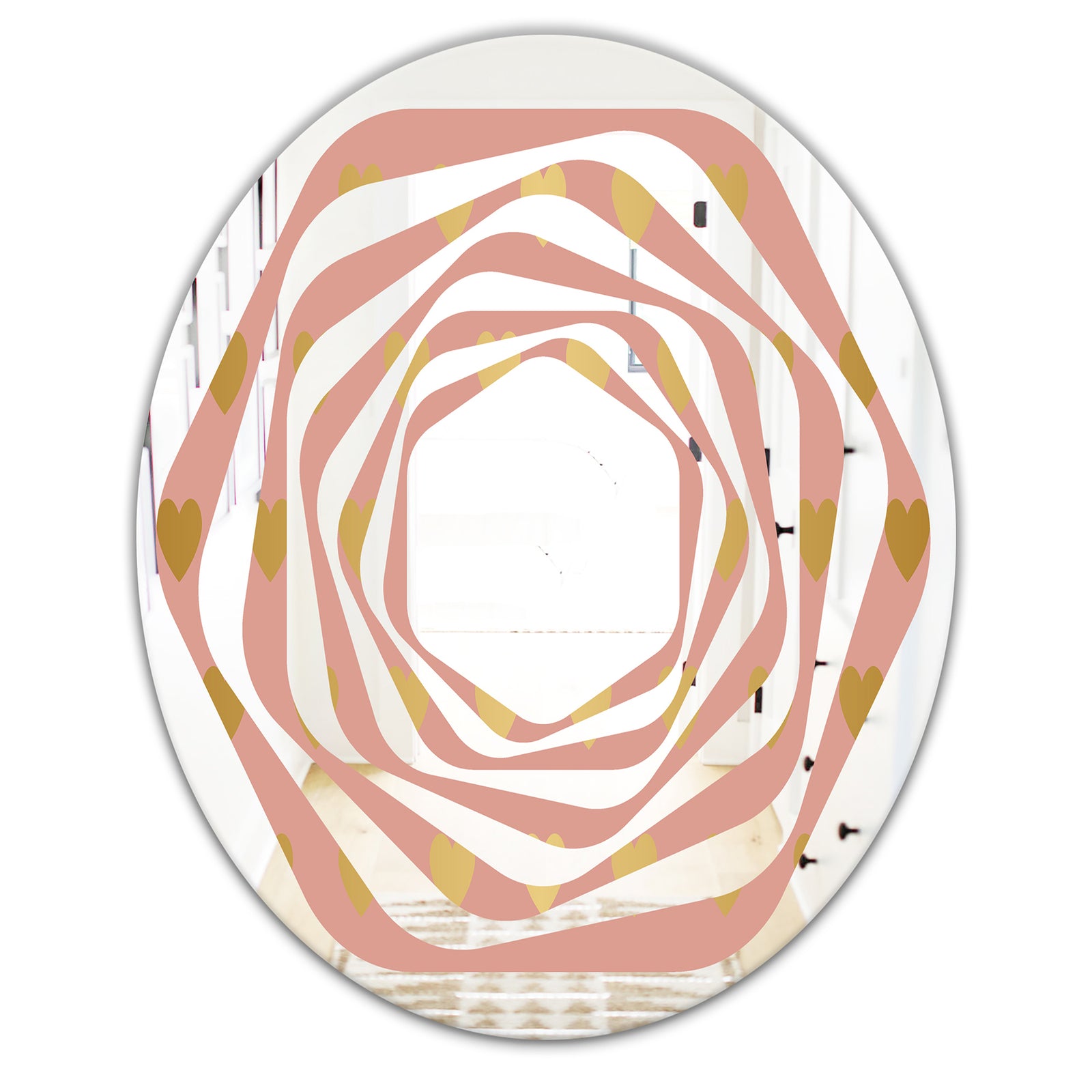 Gold Hearts On Pink - Modern Round or Oval Wall Mirror - Whirl