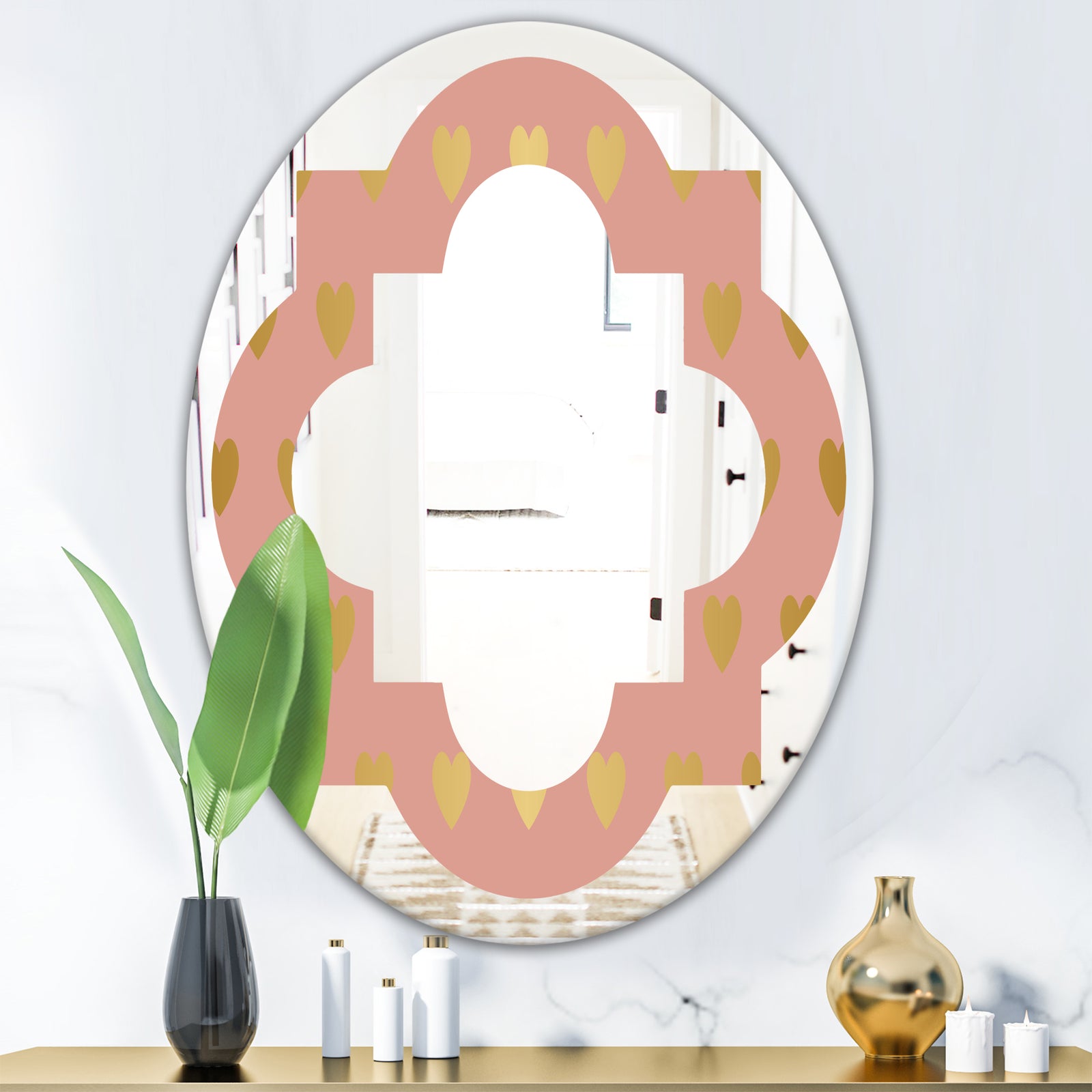 Gold Hearts On Pink - Modern Round or Oval Wall Mirror - Quatrefoil