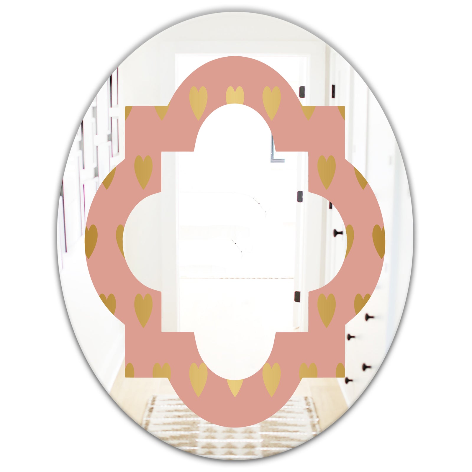 Gold Hearts On Pink - Modern Round or Oval Wall Mirror - Quatrefoil